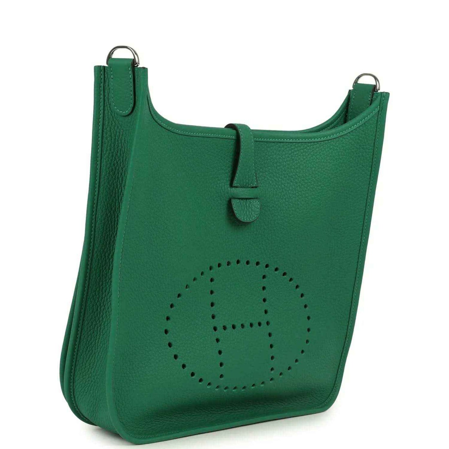 Green leather crossbody bag front with perforated logo and top handle