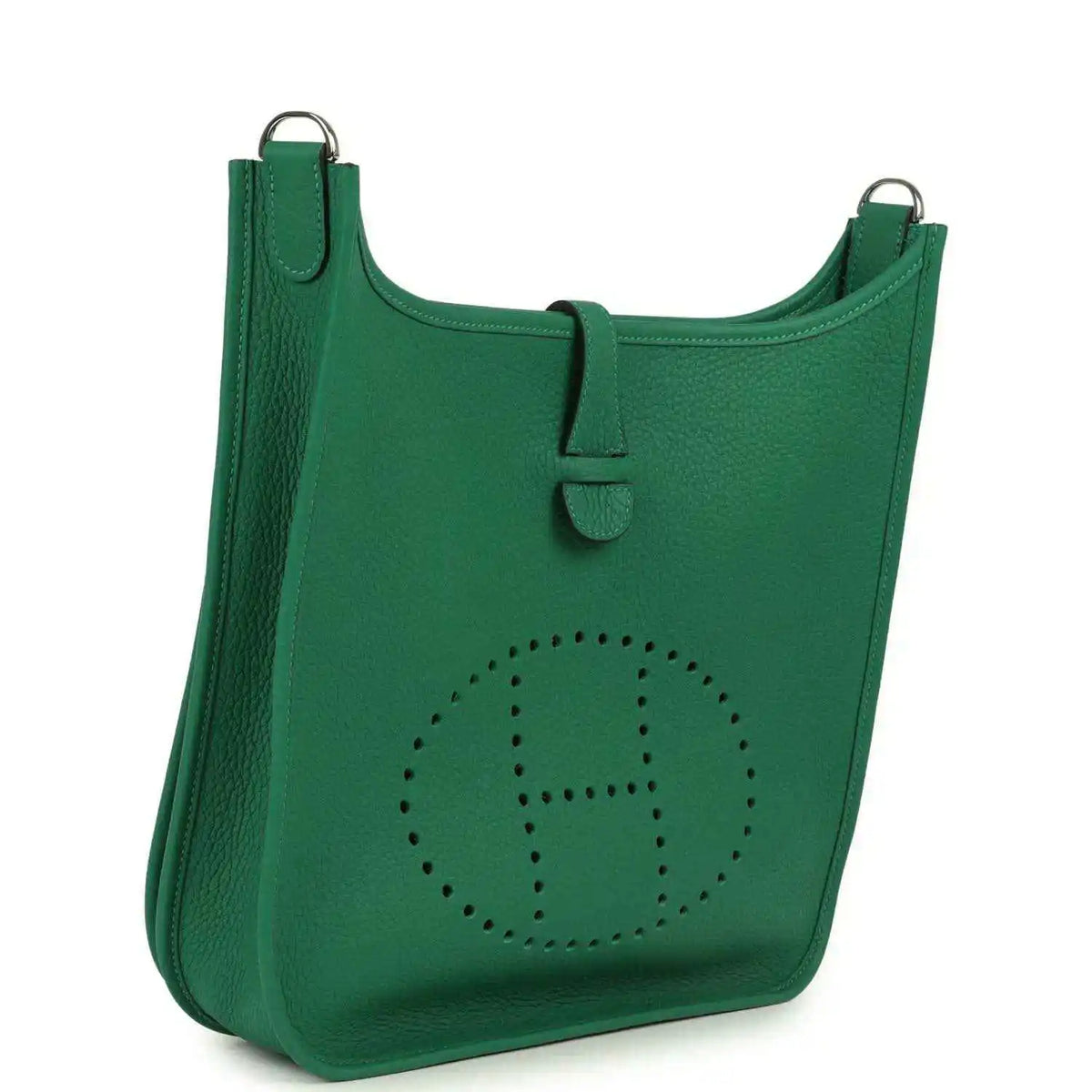 Green leather crossbody bag front with perforated logo and top handle
