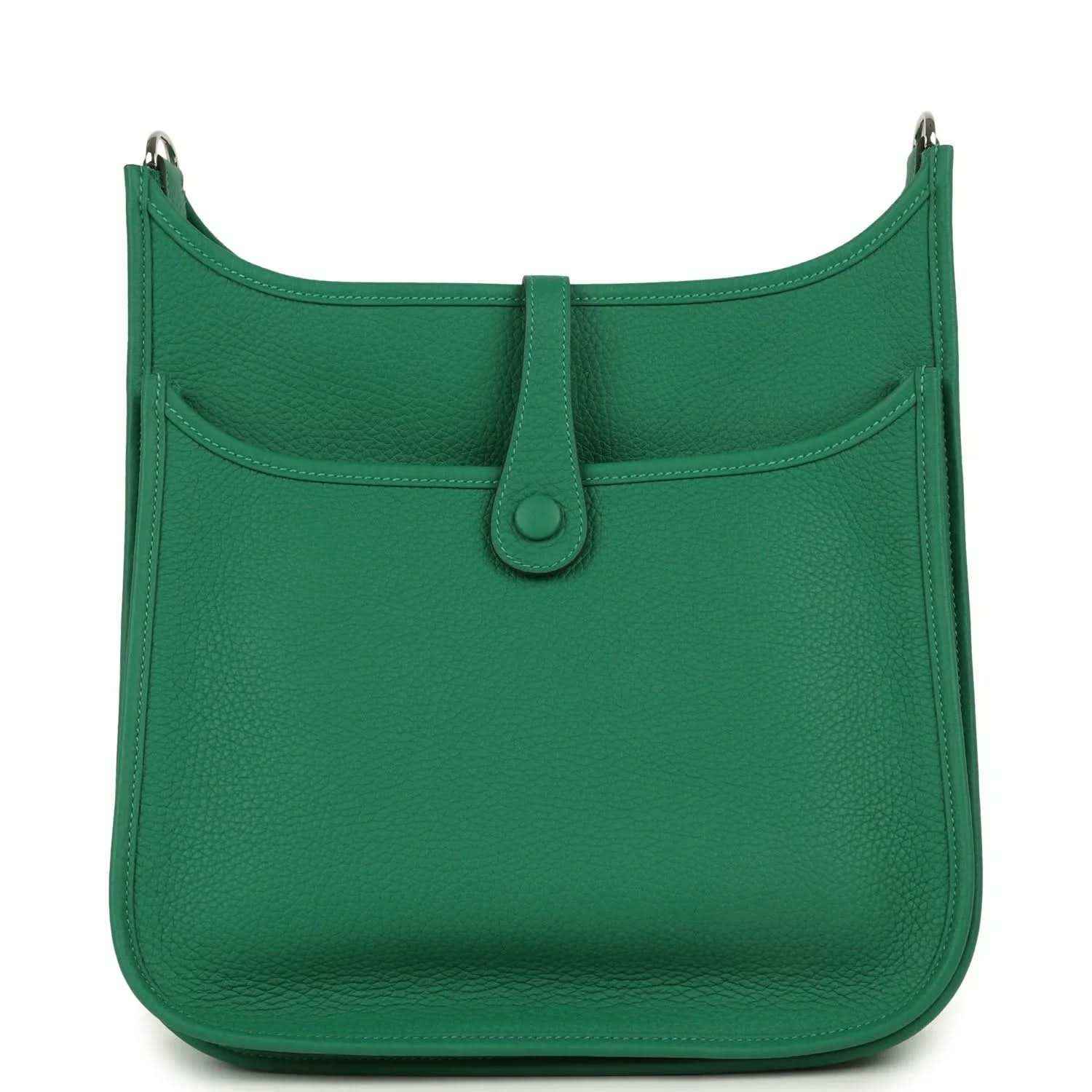 Green leather crossbody bag with front flap pocket and top snap button
