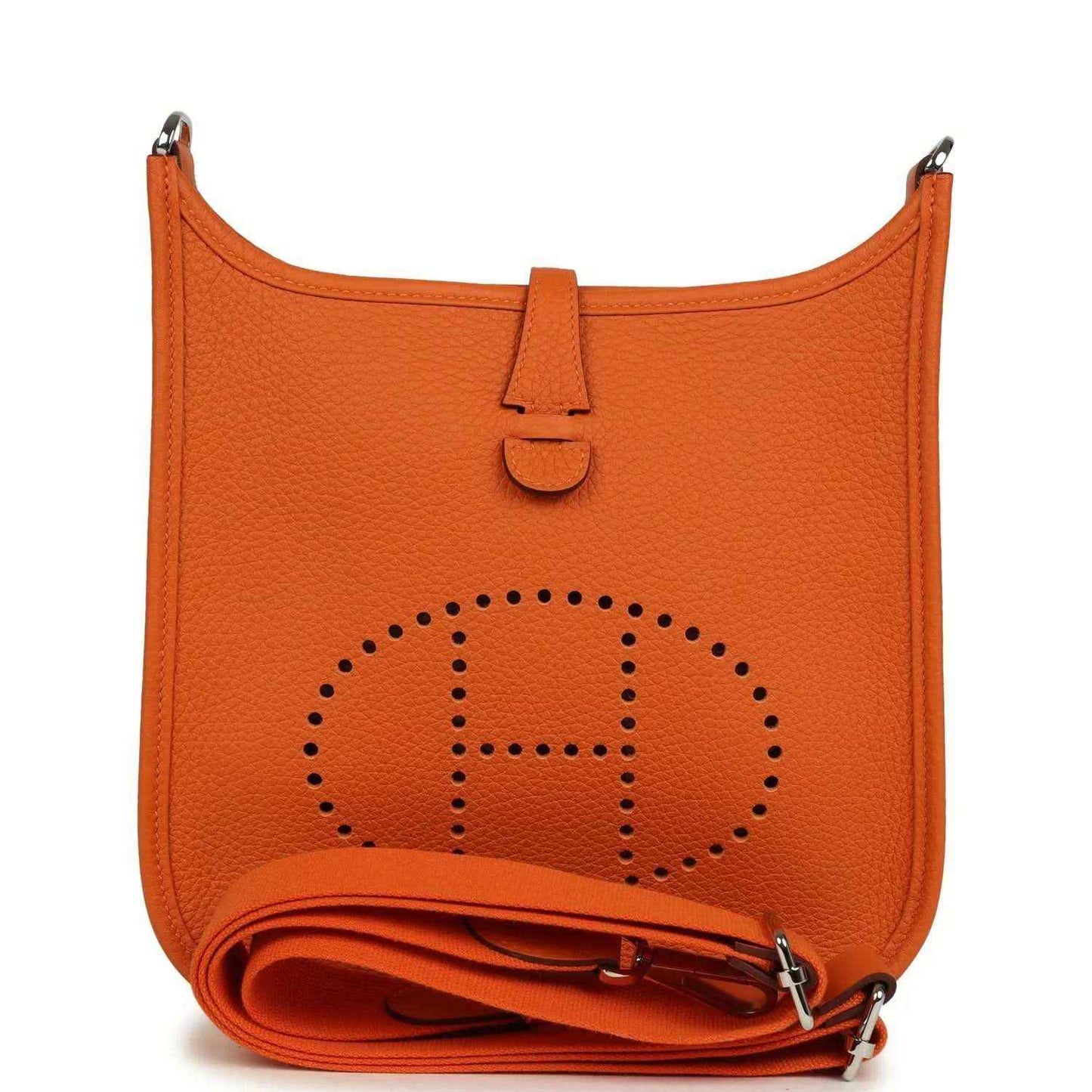 Orange leather hobo bag with perforated 'E' emblem, top handle, and visible strap