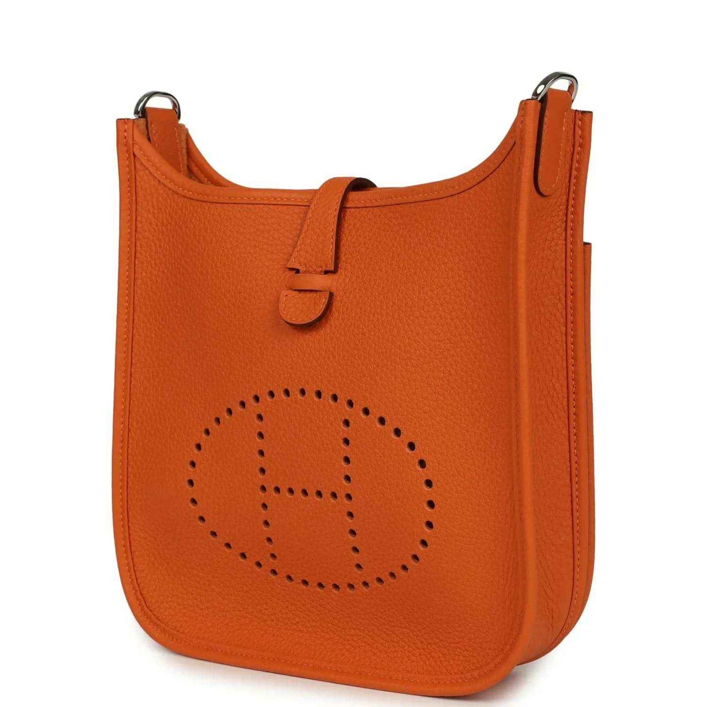 Orange leather hobo bag front view with perforated 'E' emblem and side hardware