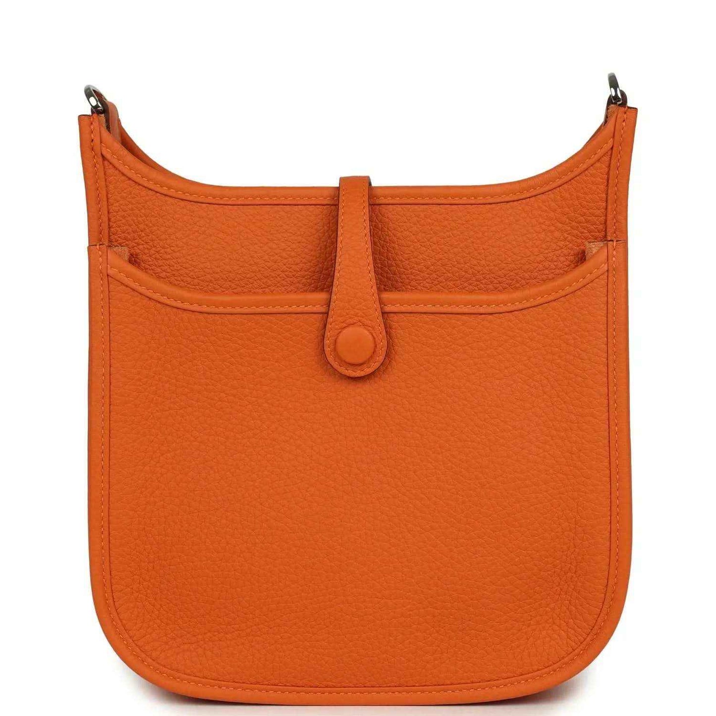 Orange leather hobo bag back view with top handle and center snap button