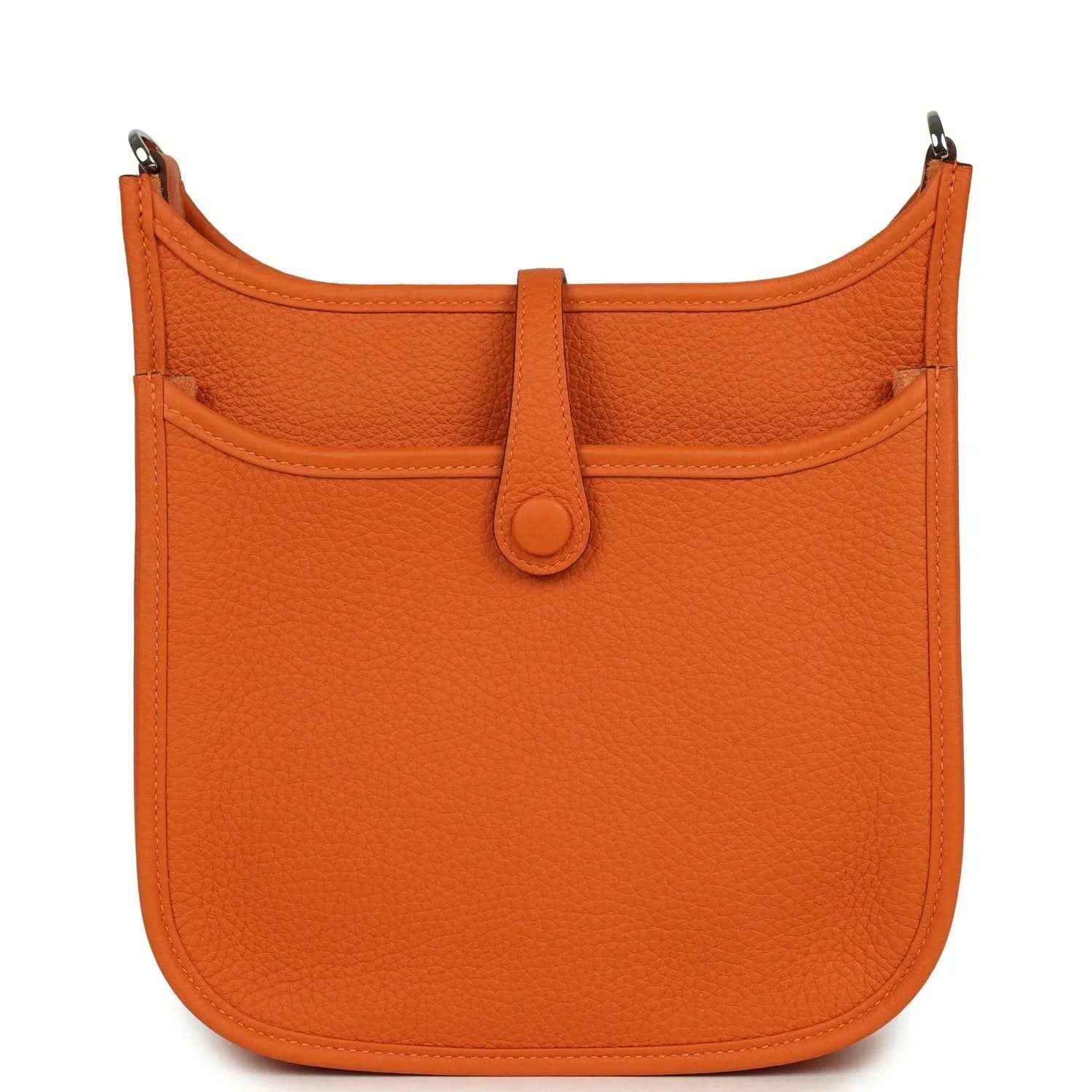 Orange leather hobo bag back view with top handle and center snap button