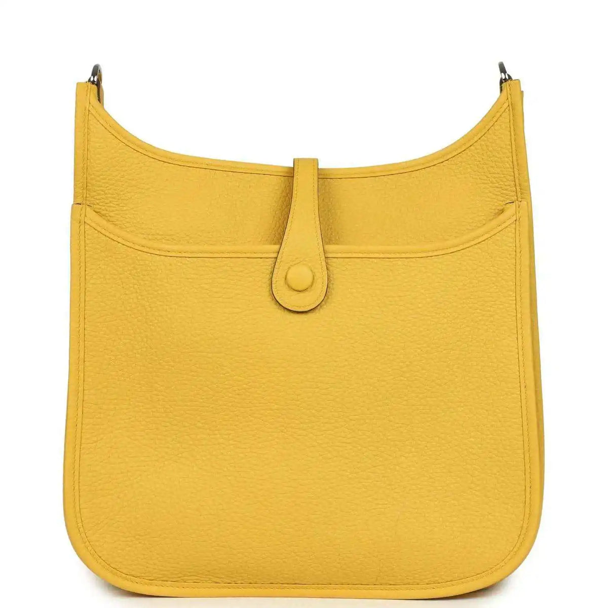 Yellow leather hobo bag with curved top, front flap, and central tab closure