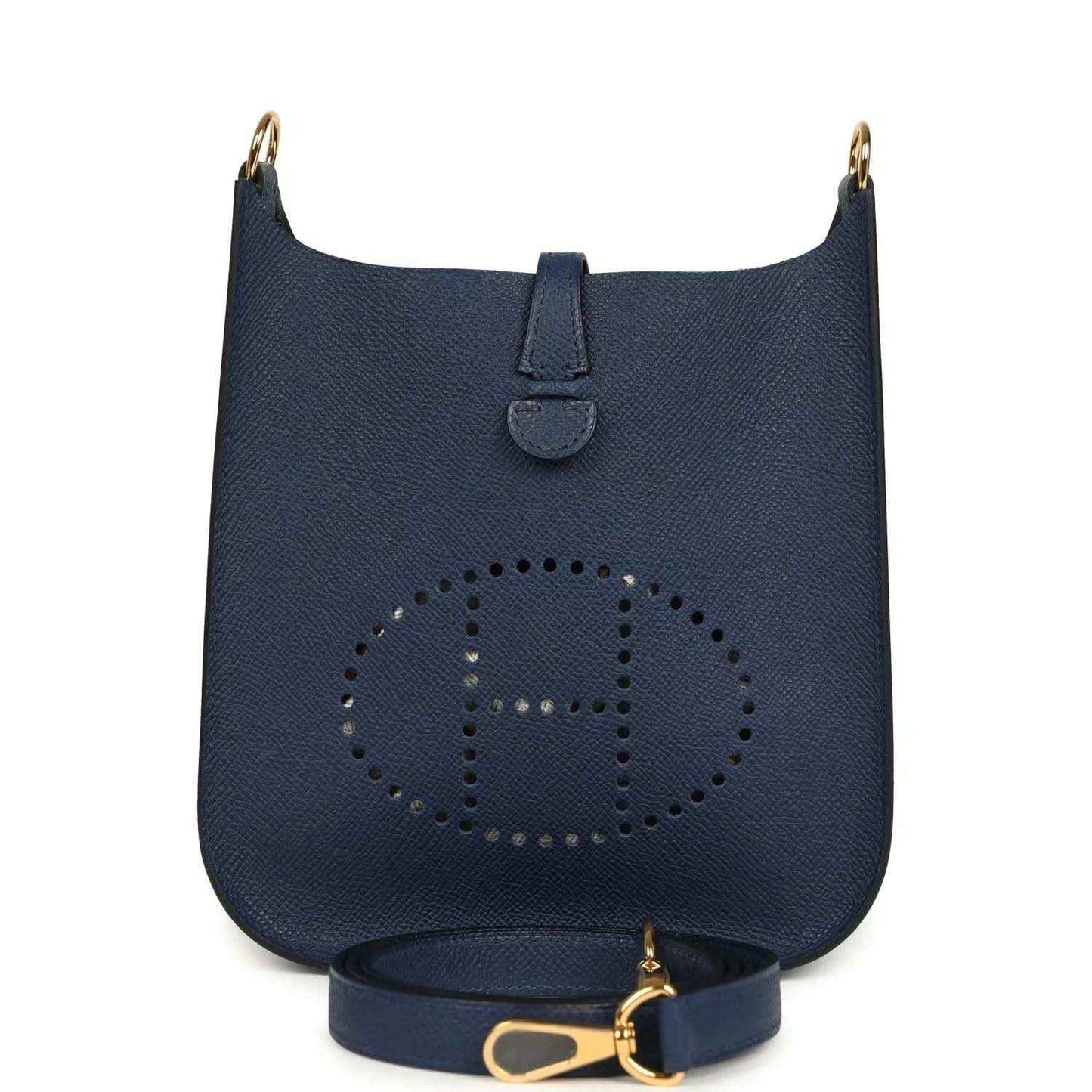 Hermes crossbody bag in blue with perforated logo and gold-tone strap clasp