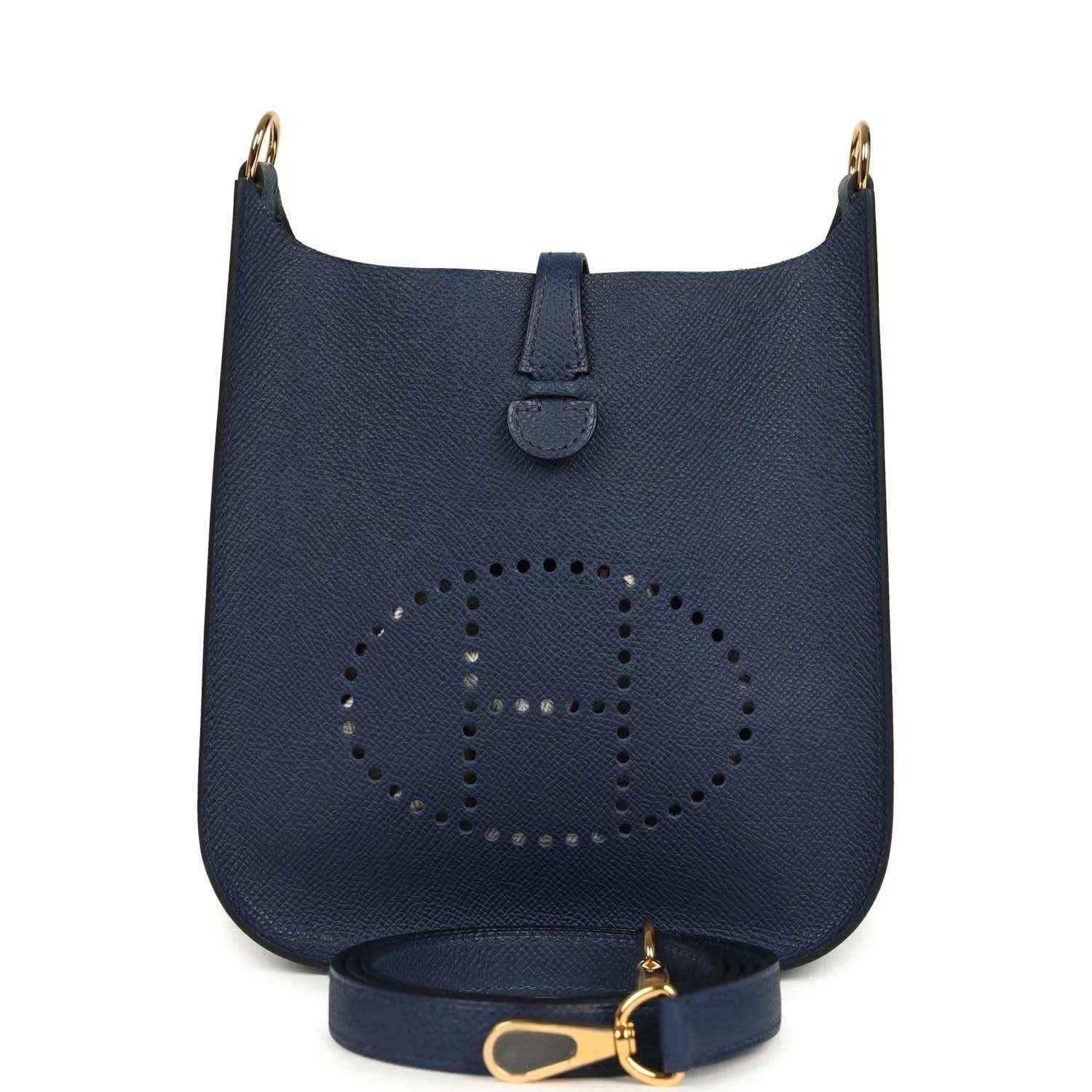 Hermes crossbody bag in blue with perforated logo and gold-tone strap clasp