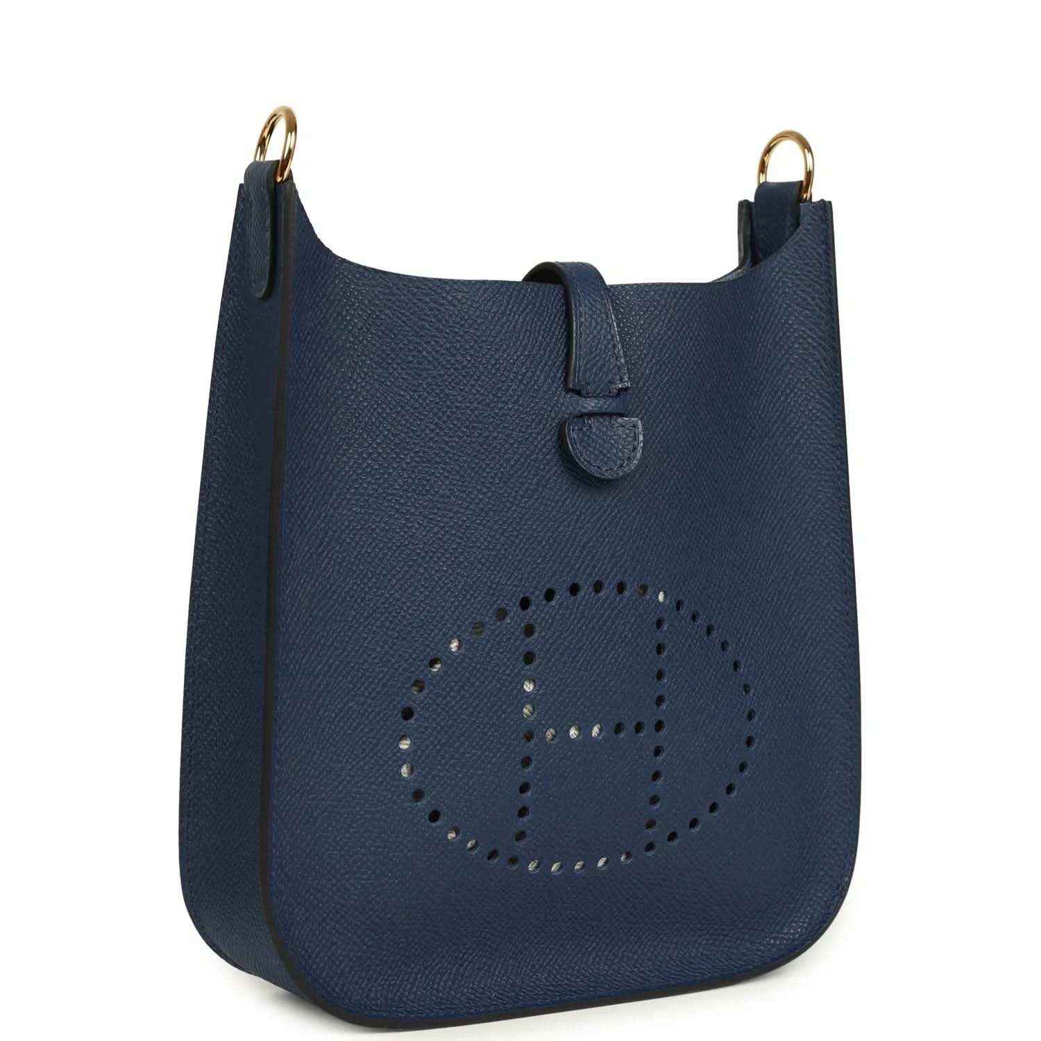 Hermes crossbody bag in blue with perforated logo and top handle tab