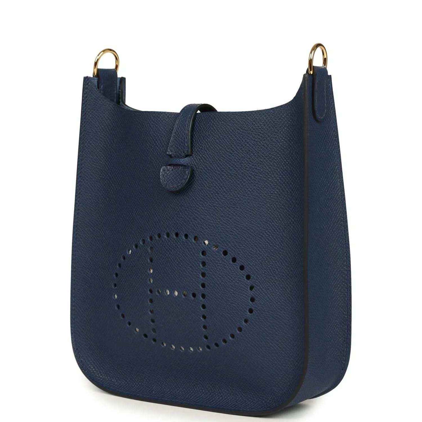 Hermes crossbody bag in blue with perforated logo and top strap detail