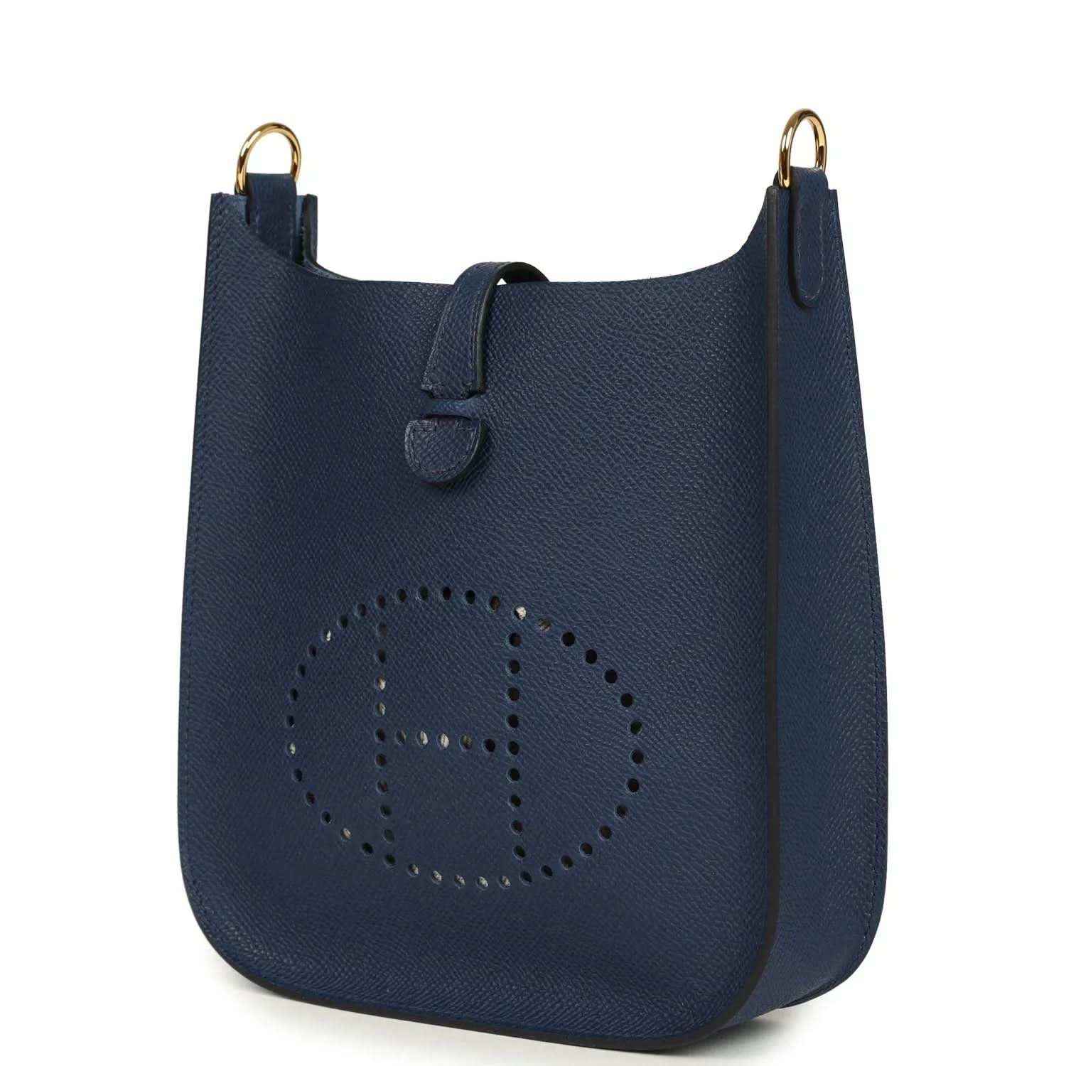 Hermes crossbody bag in blue with perforated logo and top strap detail