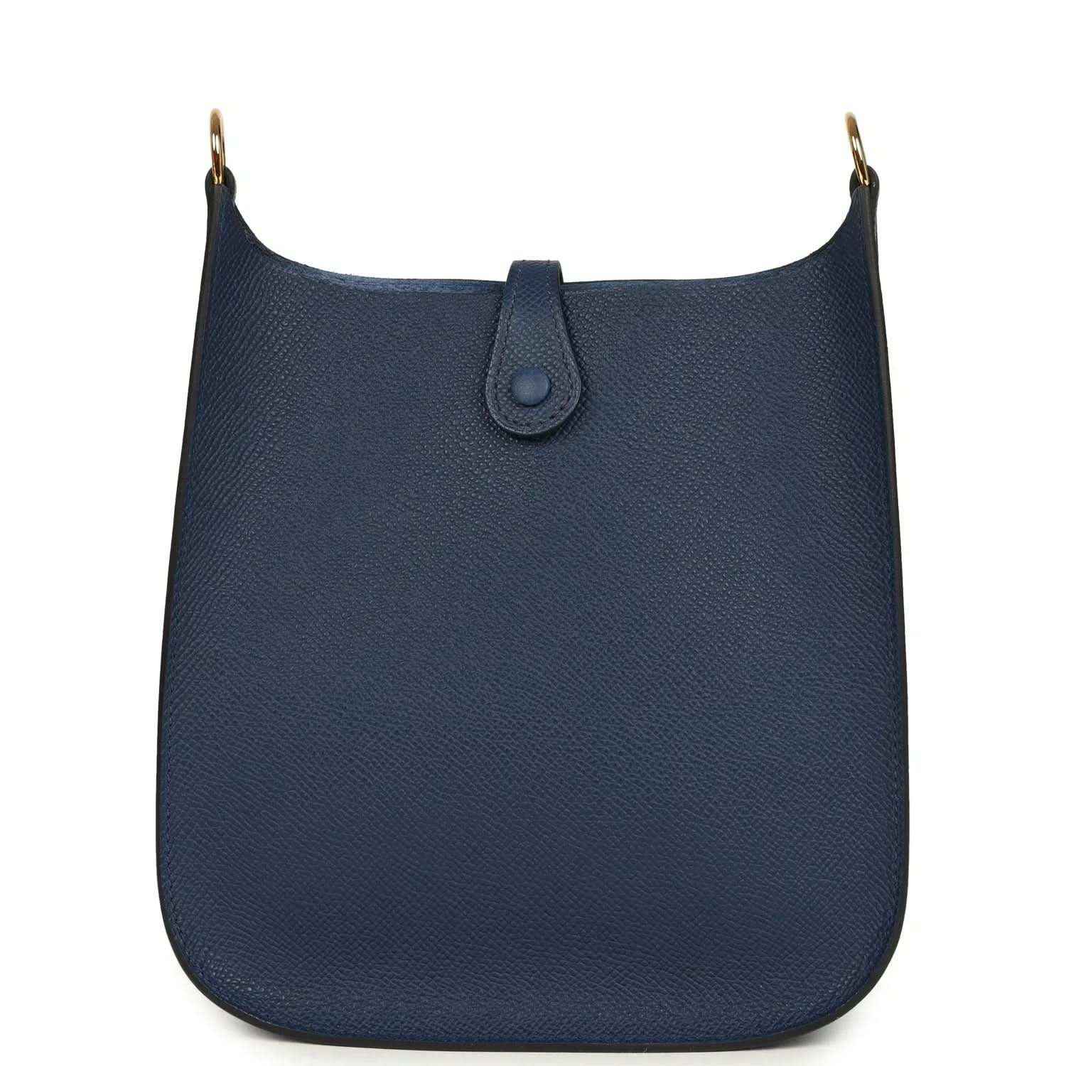 Hermes crossbody bag in blue with top closure tab and pebbled leather finish