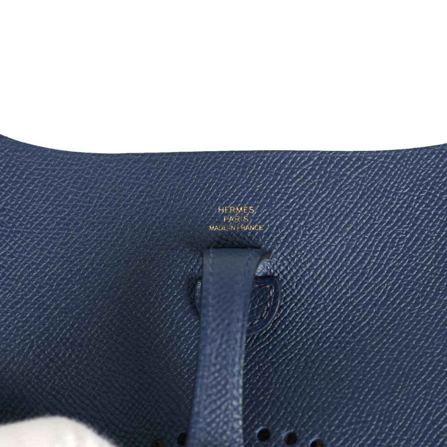 Hermes Paris made in France stamp on blue leather bag interior
