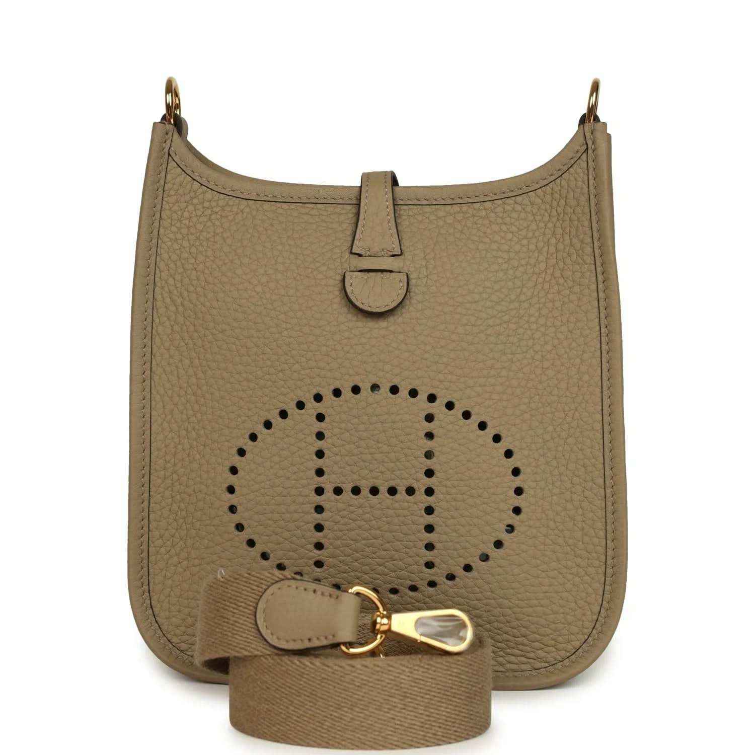 Beige pebble-grain leather Evelyne TPM bag with perforated H logo and gold hardware