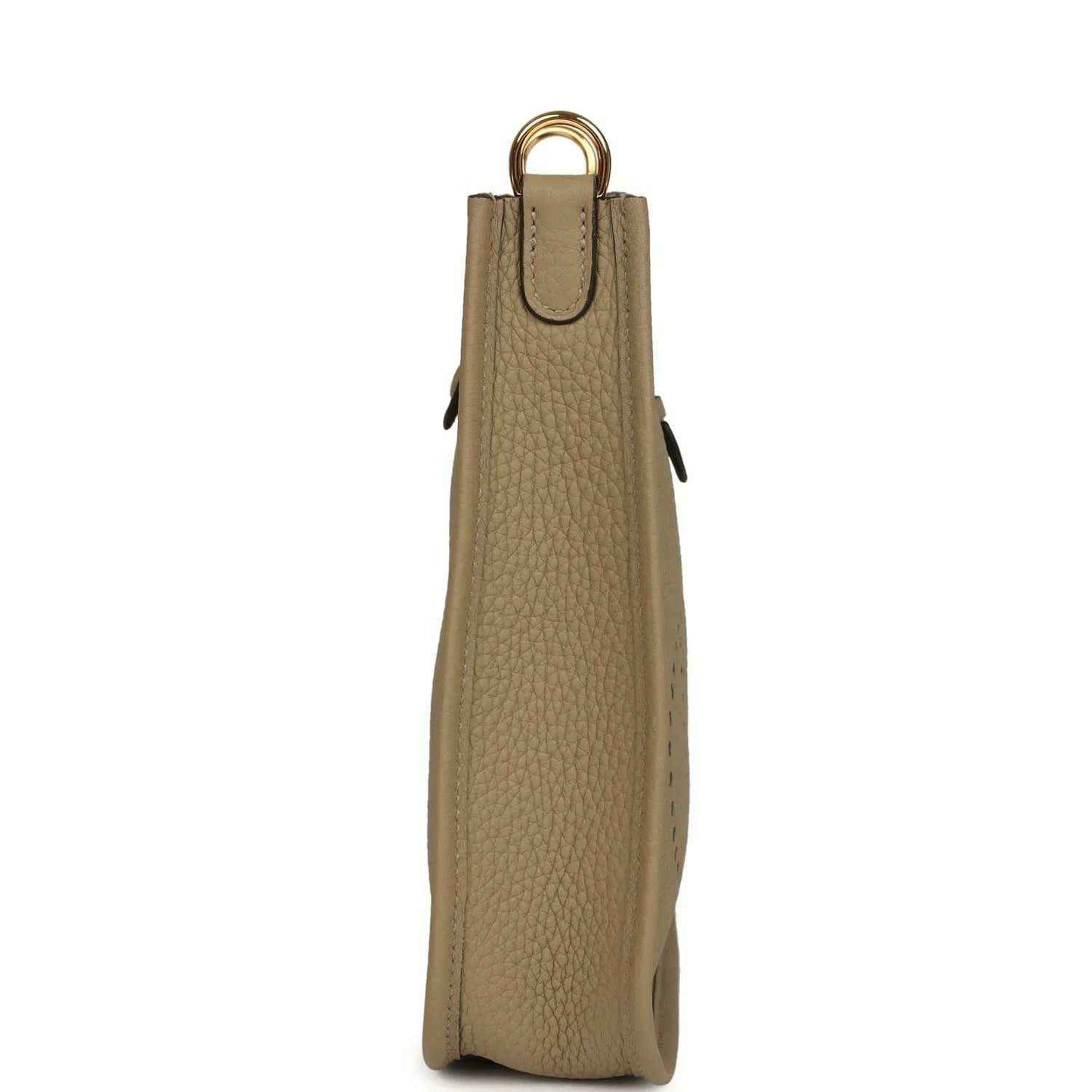 Beige pebbled leather Evelyne TPM bag back view with top handle and small pull tabs