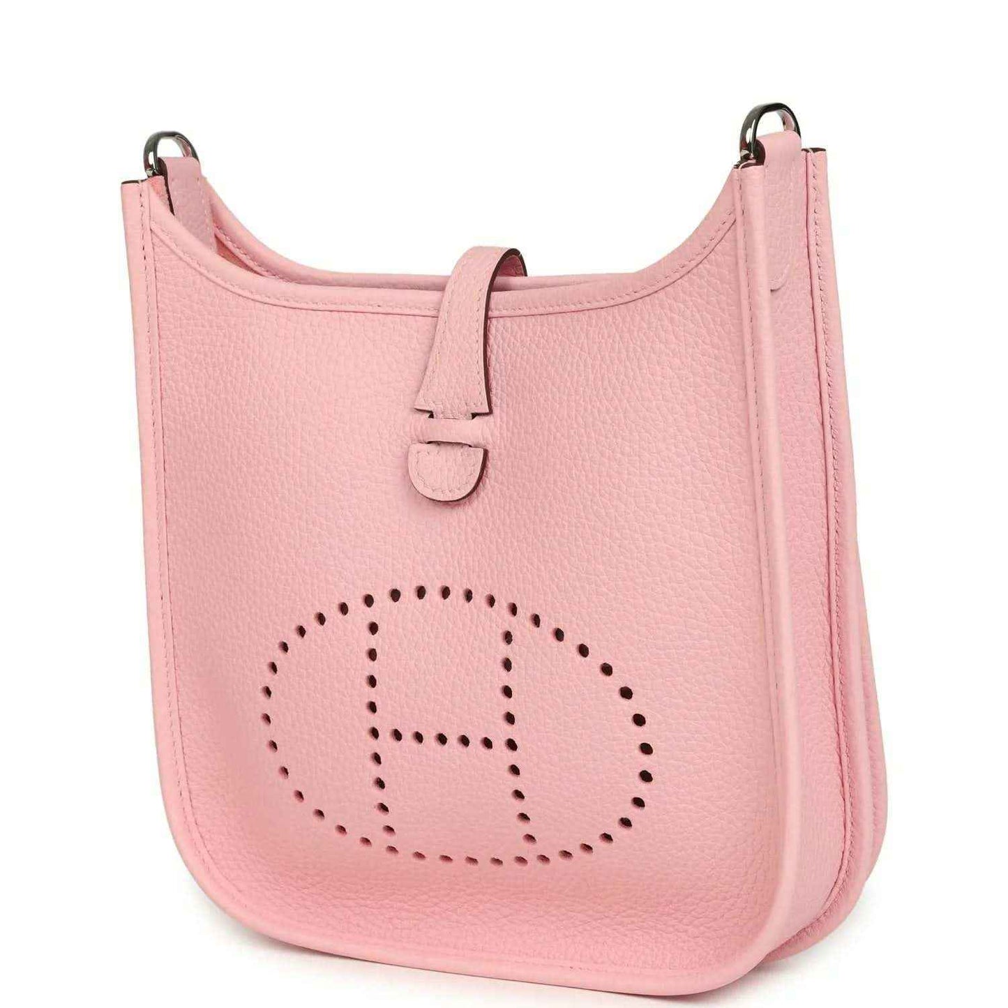Hermes Evelyne 23 bag in rose pink leather, front view with dotted H logo and top strap