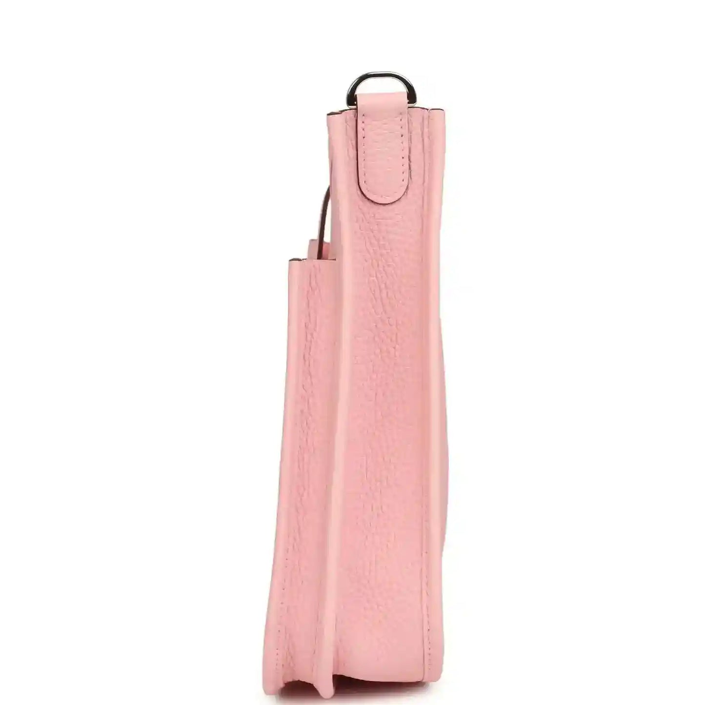 Hermes Evelyne 23 bag in rose pink leather, vertical view with top handle and side seam