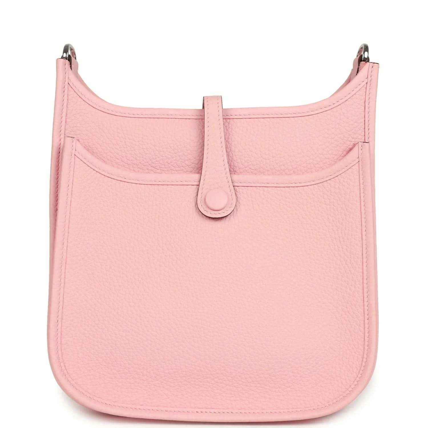 Hermes Evelyne 23 bag in rose pink leather, front view with top clasp and curved base