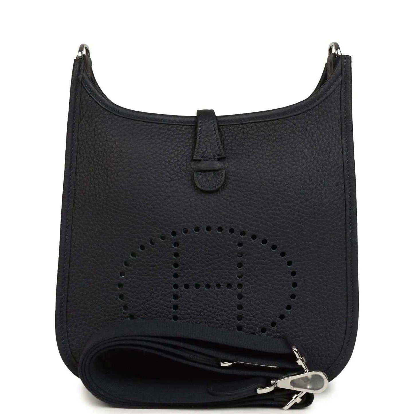 Black leather crossbody bag with perforated logo and wrap strap detail