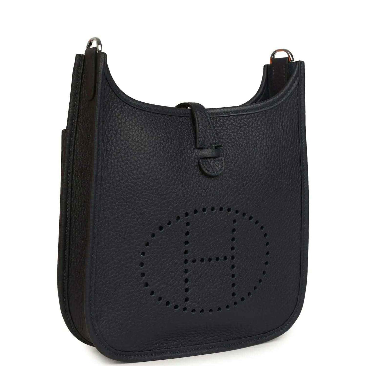 Black textured leather crossbody bag with perforated logo panel