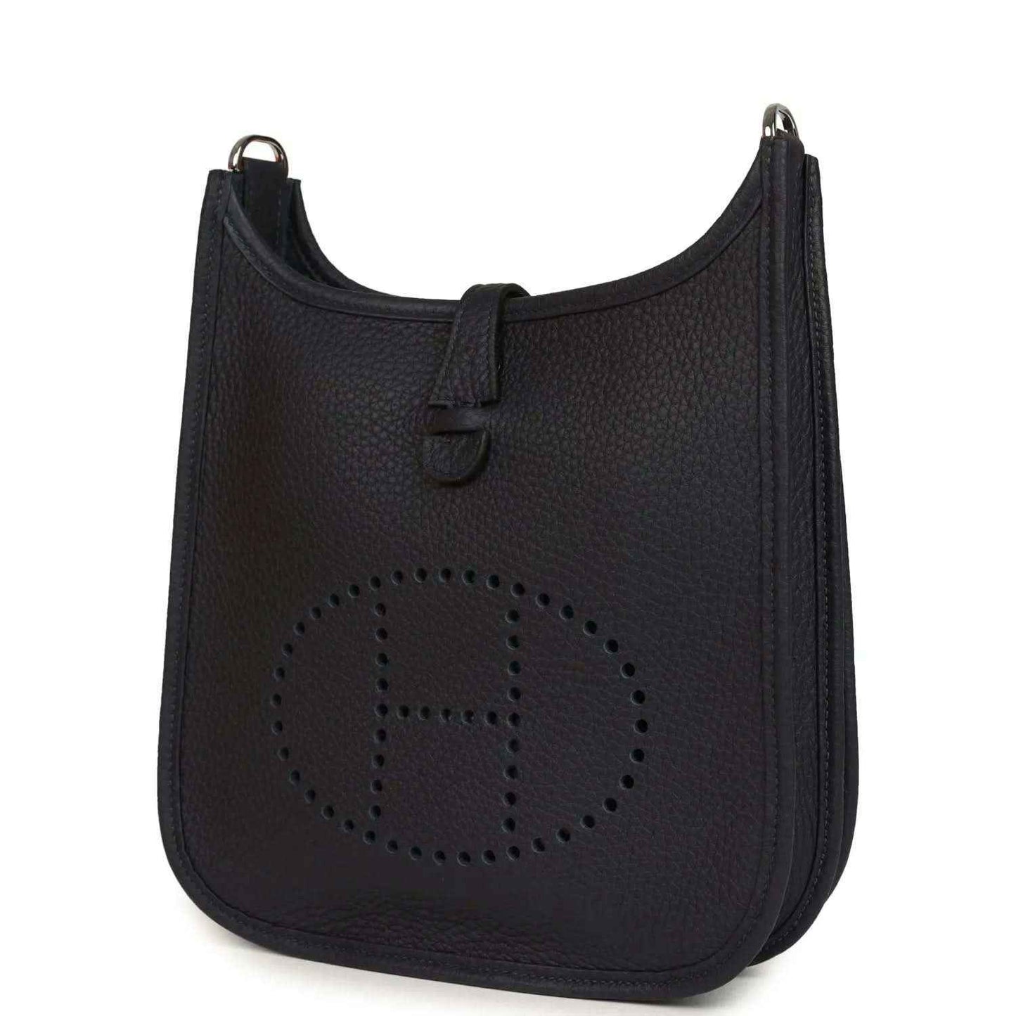 Black leather crossbody bag with perforated circle logo motif