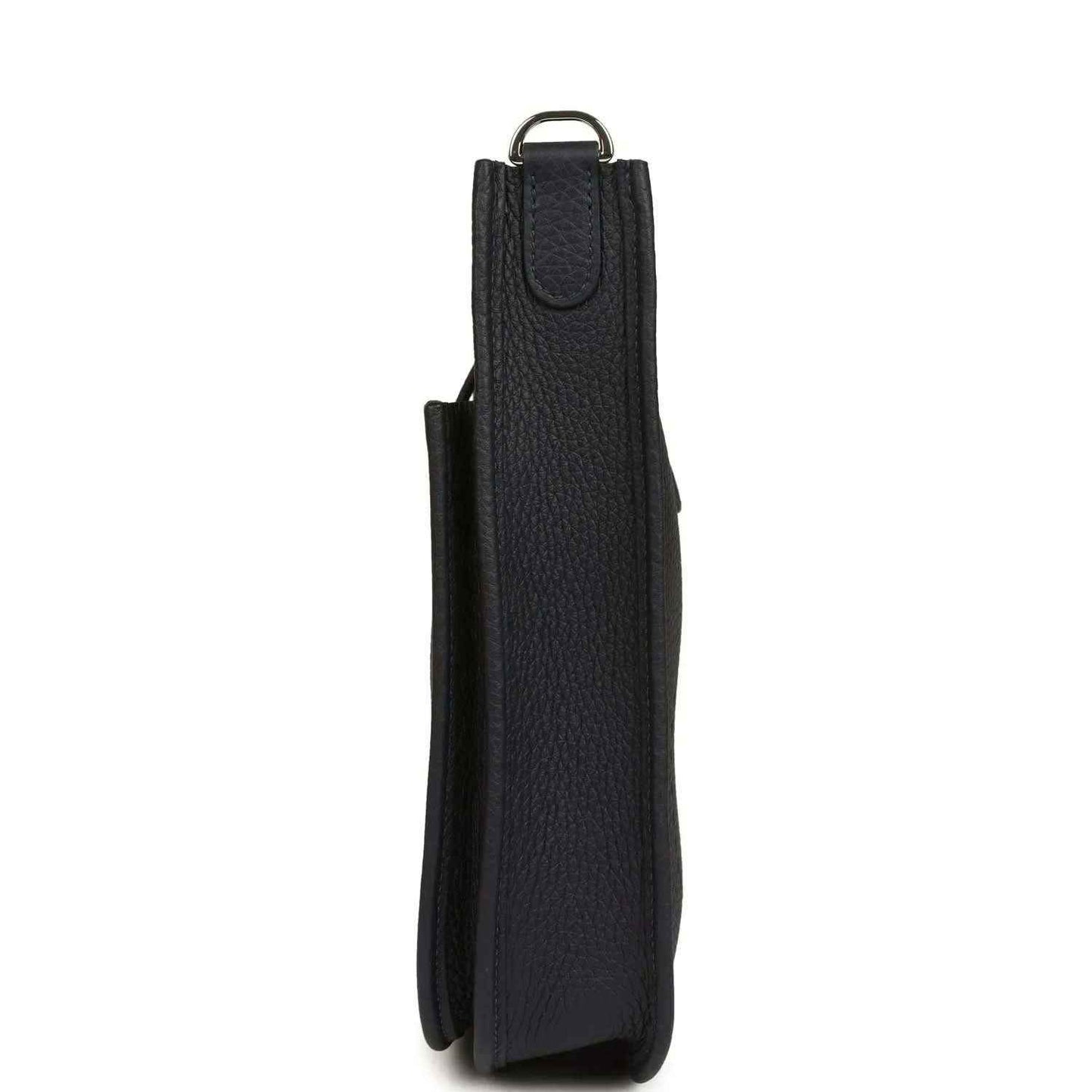 Black leather crossbody bag, vertical side view with top loop handle