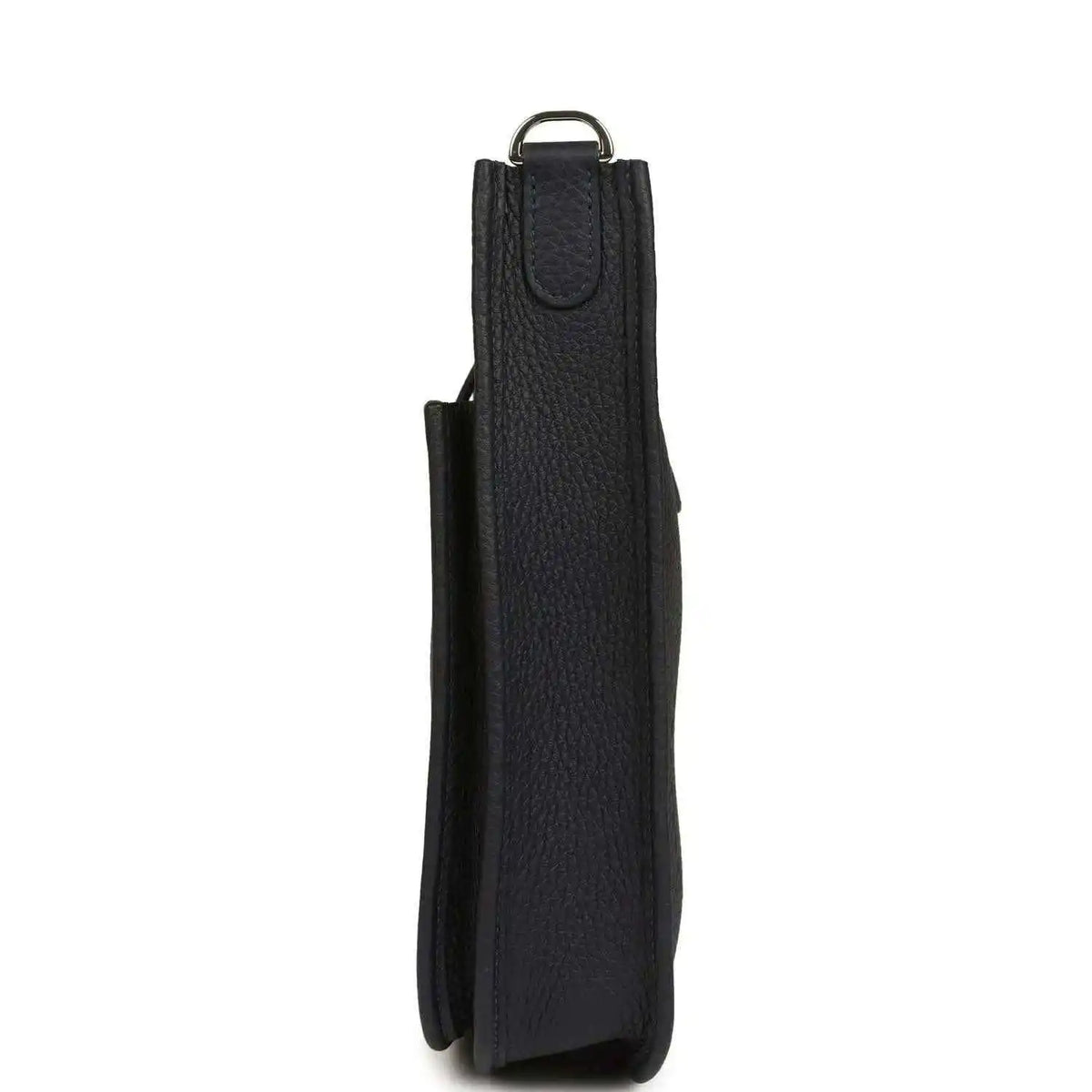 Black leather crossbody bag, vertical side view with top loop handle