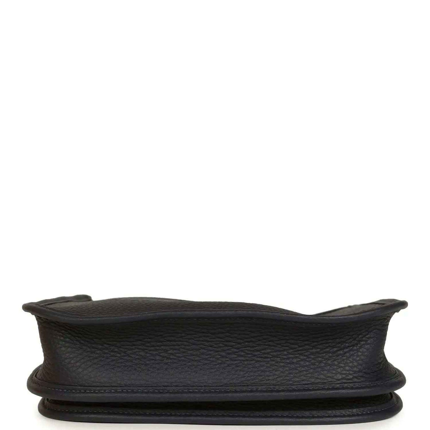 Black leather crossbody bag with flat base and side profile