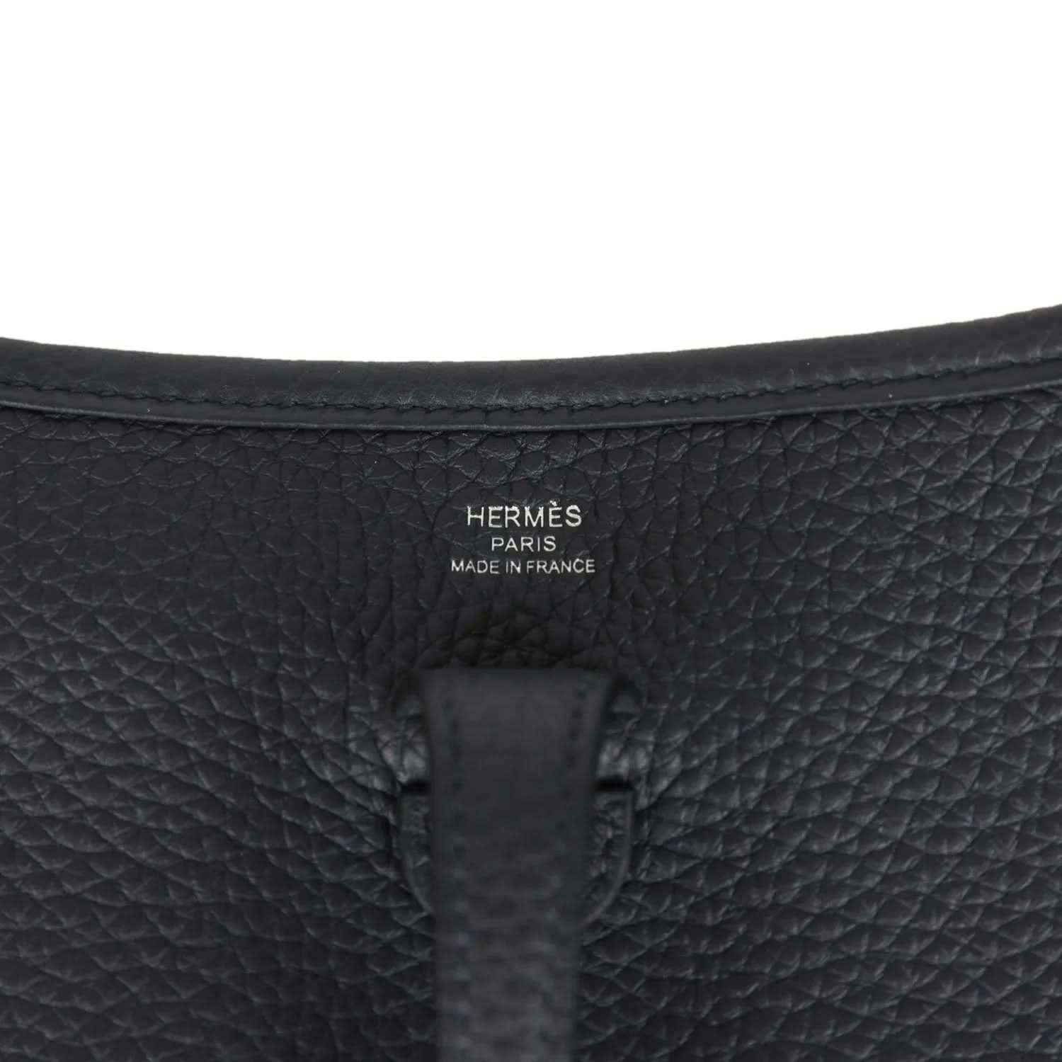 Hermes stamped black leather bag panel, embossed logo and Made in France