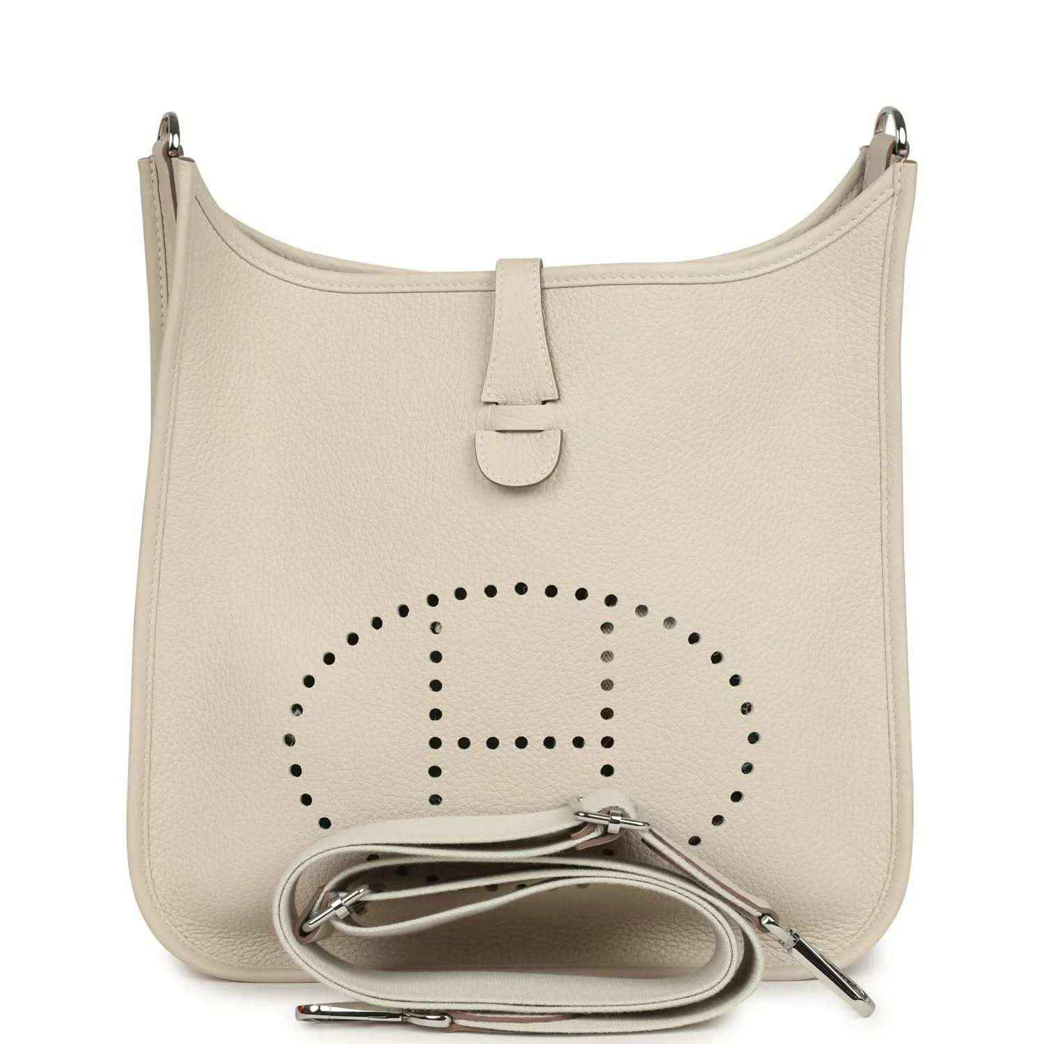 Hermes Evelyne III PM messenger bag in light beige leather with perforated logo and chain strap