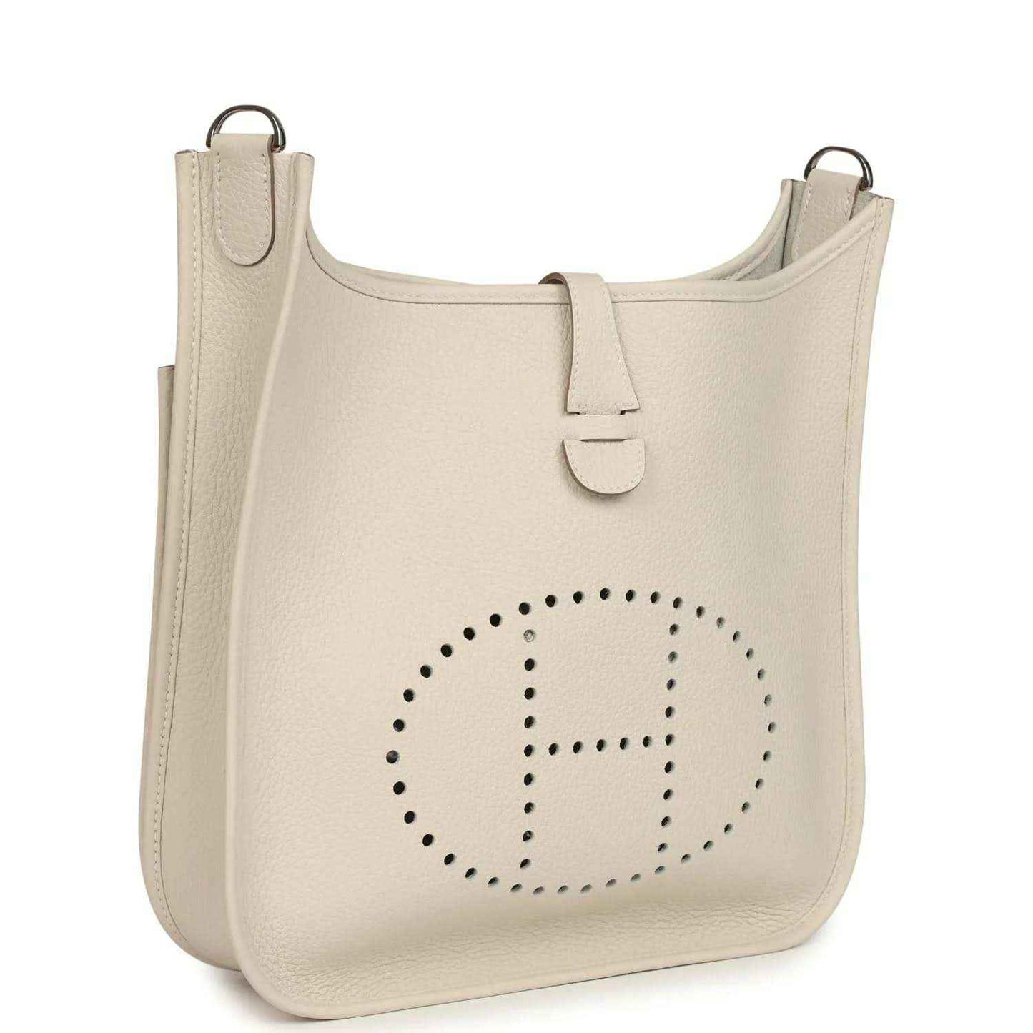 Hermes Evelyne III PM messenger bag, light beige leather, perforated logo front, top handle