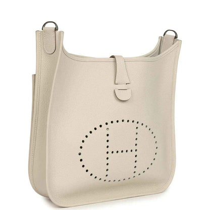 Hermes Evelyne III PM messenger bag, light beige leather, perforated logo front, top handle