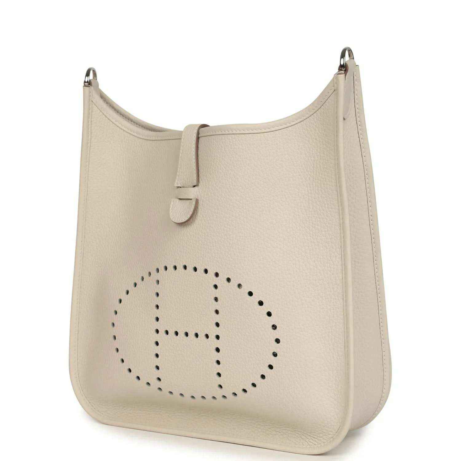 Hermes Evelyne III PM messenger bag in light beige leather, perforated logo on front