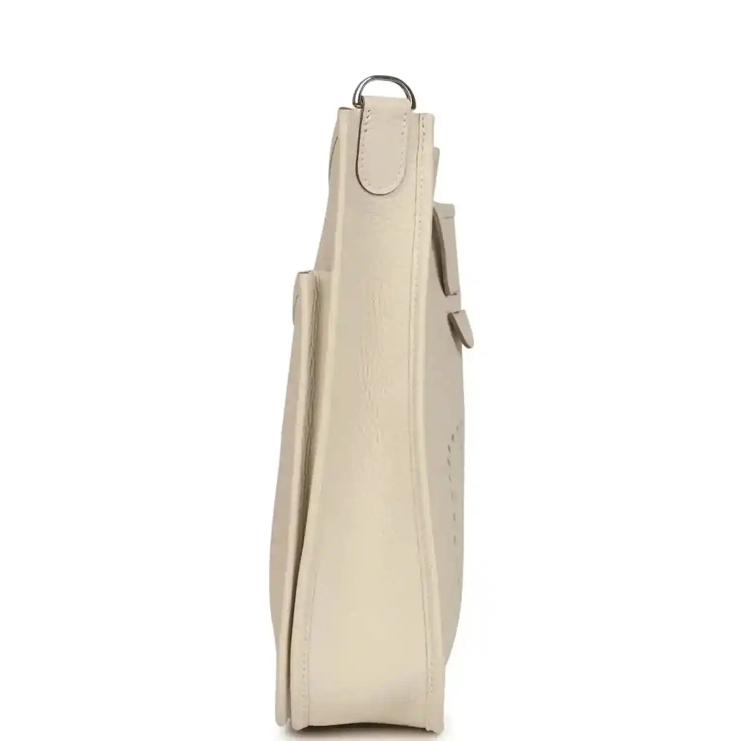 Hermes Evelyne III PM messenger bag, light beige leather side view, top handle and strap