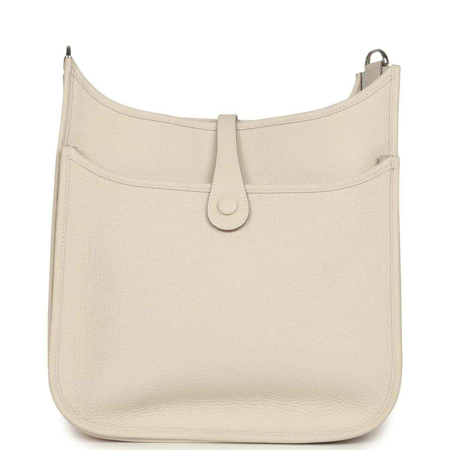 Hermes Evelyne III PM messenger bag in light beige leather, front view with clasp strap
