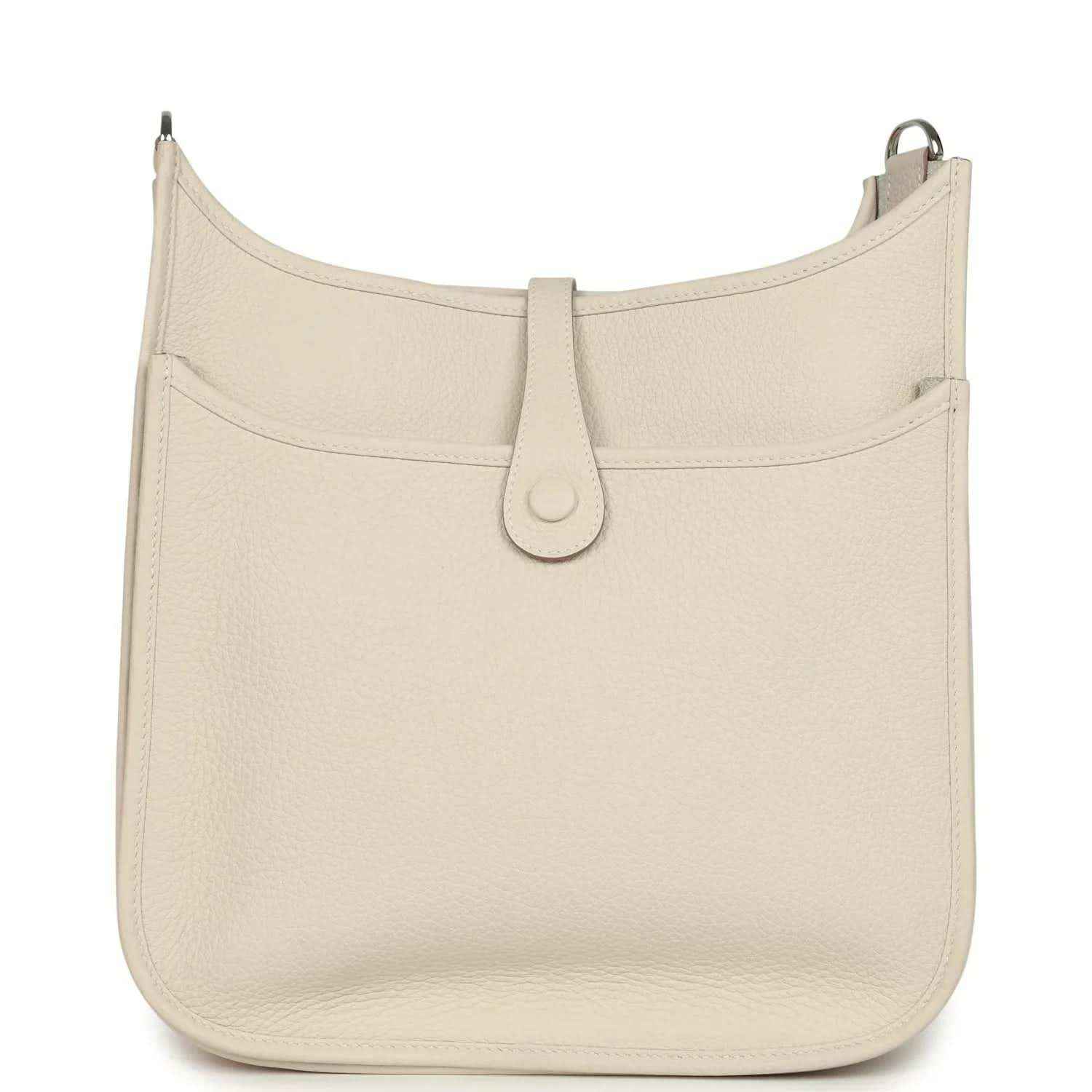 Hermes Evelyne III PM messenger bag in light beige leather, front view with clasp strap