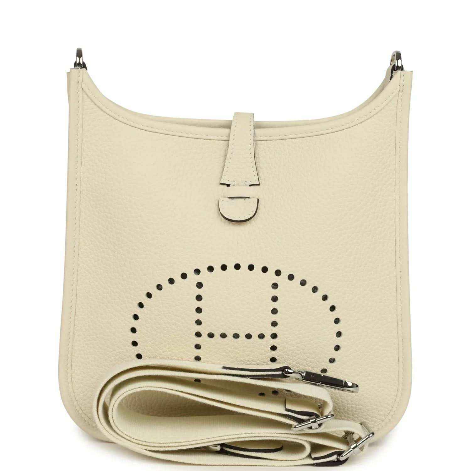 Cream leather shoulder bag with perforated logo front and front tab closure