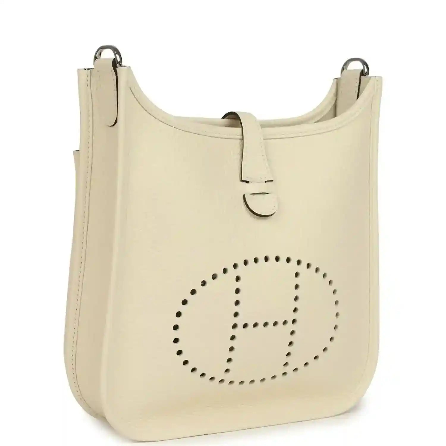 Cream leather shoulder bag with perforated logo panel and top handles