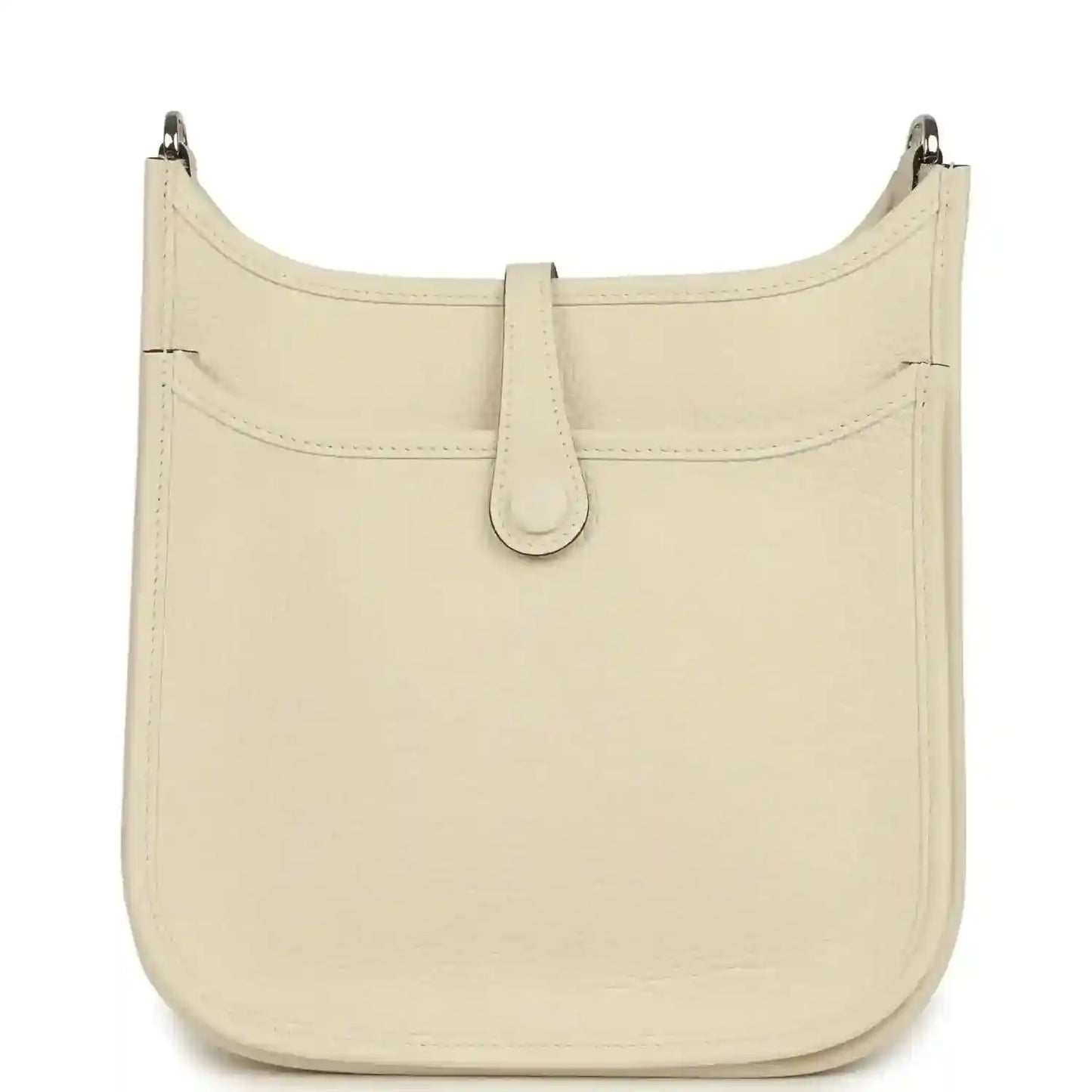 Cream leather shoulder bag front with centered tab closure and stitched trim