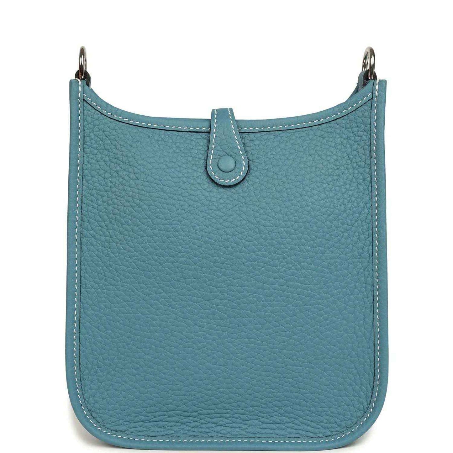 Blue denim leather mini messenger bag with top handles and centered tab closure