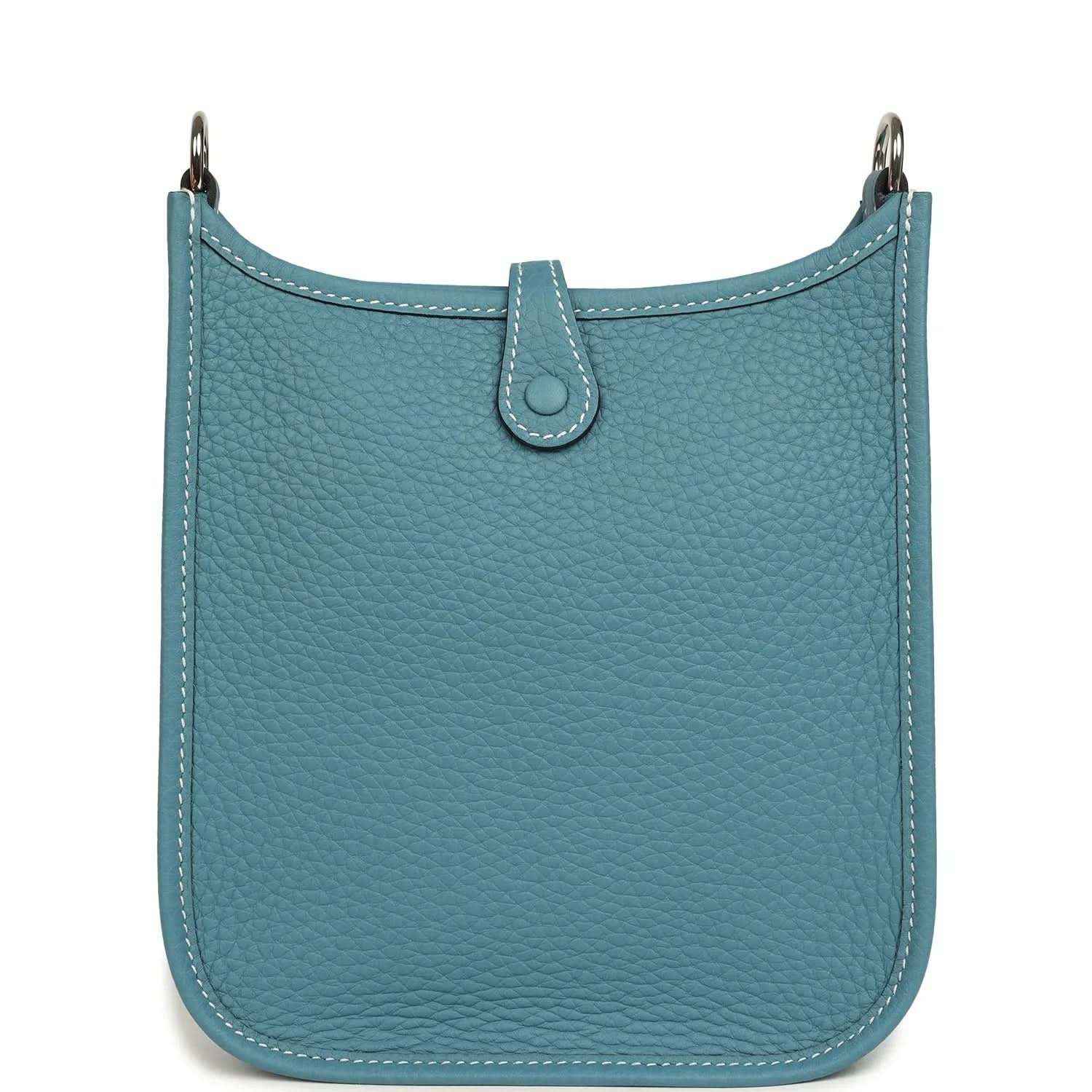 Blue denim leather mini messenger bag with top handles and centered tab closure