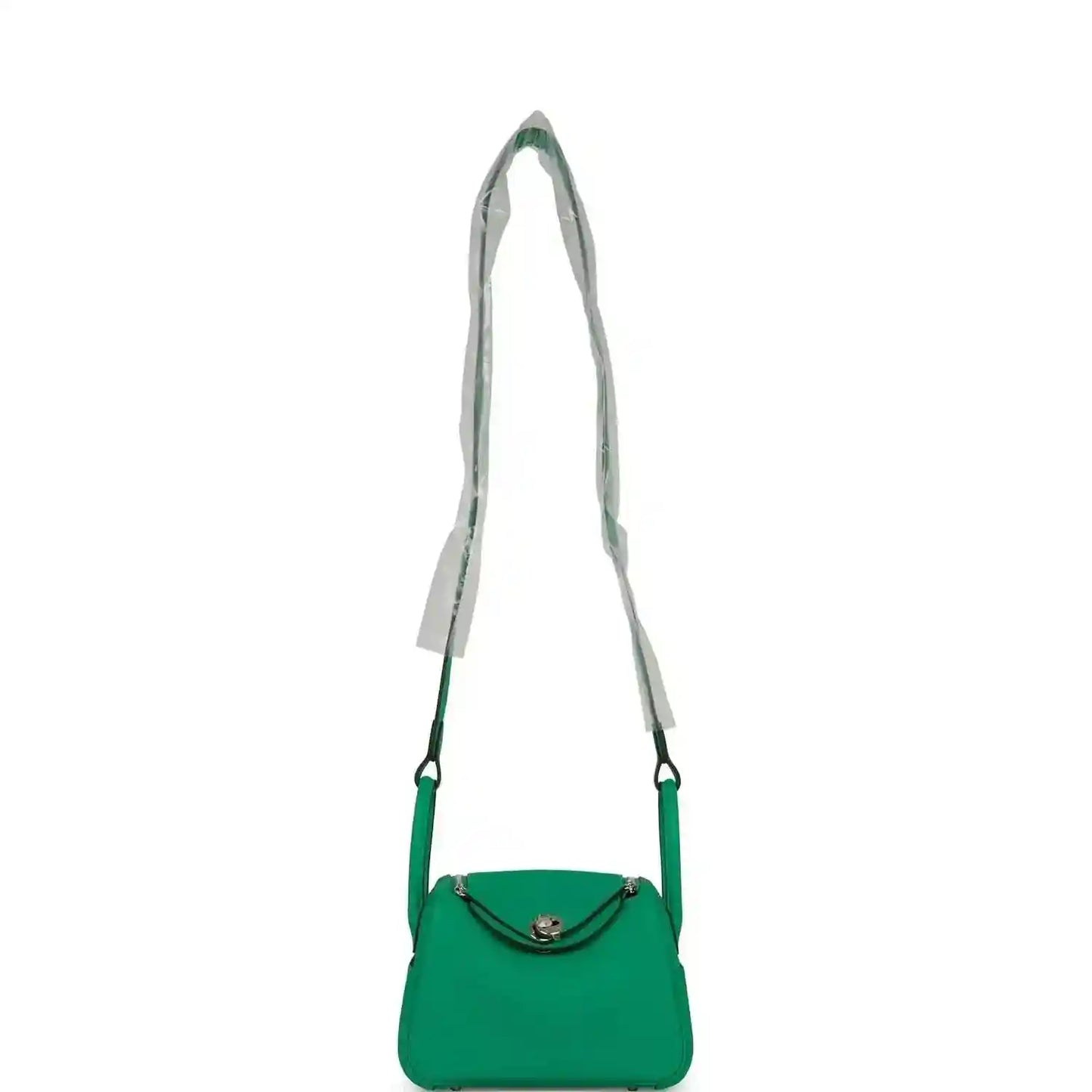 Mini green leather handbag with shoulder straps and flap front
