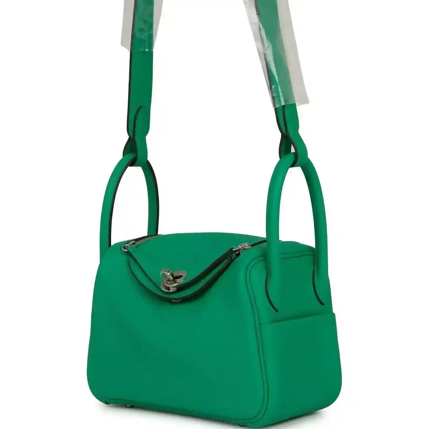 Mini green leather handbag with shoulder strap and front clasp with chain