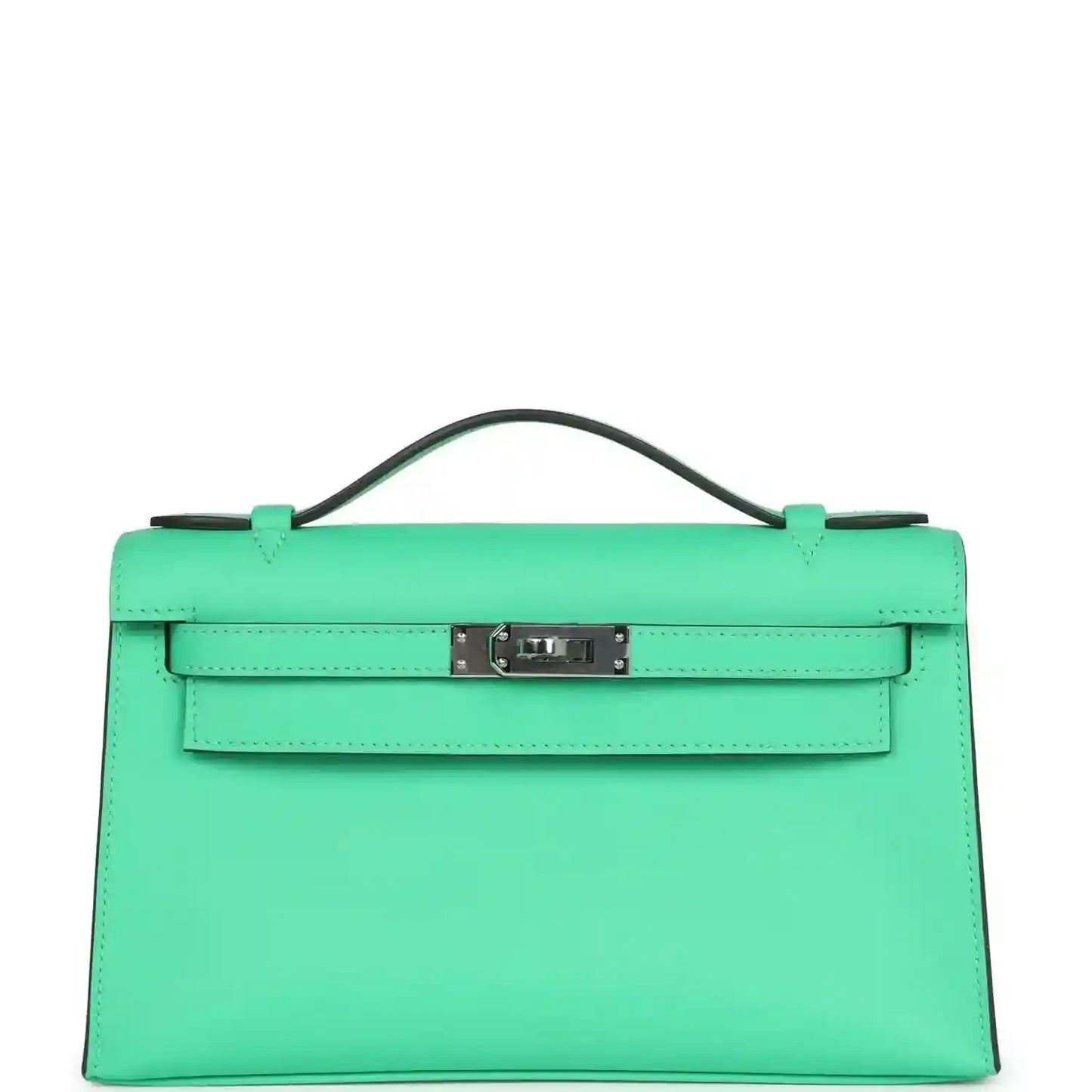 Hermes Kelly pochette green leather with top handle and front clasp, palladium hardware