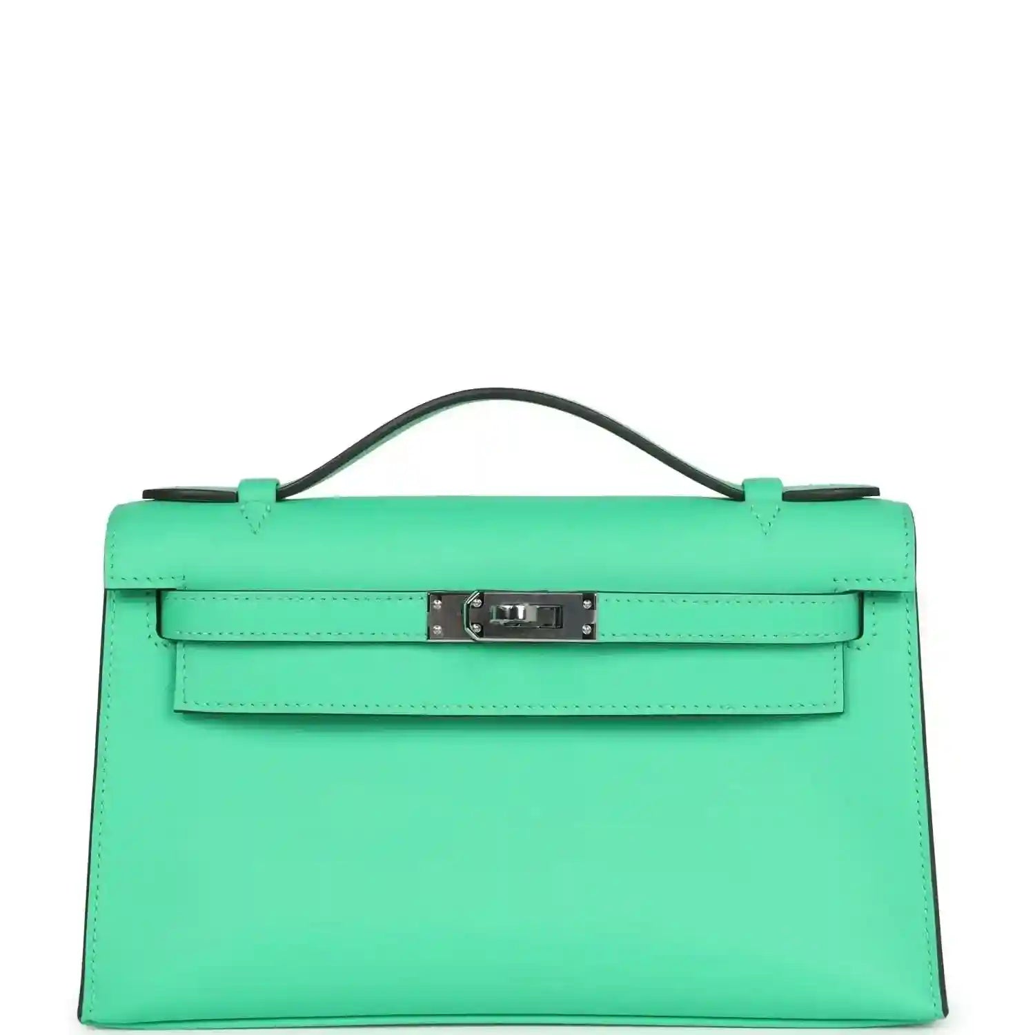 Hermes Kelly pochette green leather with top handle and front clasp, palladium hardware