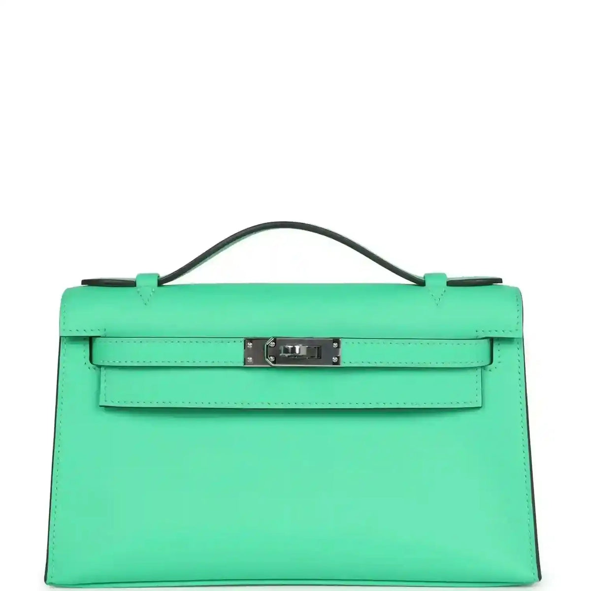 Hermes Kelly pochette green leather with top handle and front clasp, palladium hardware