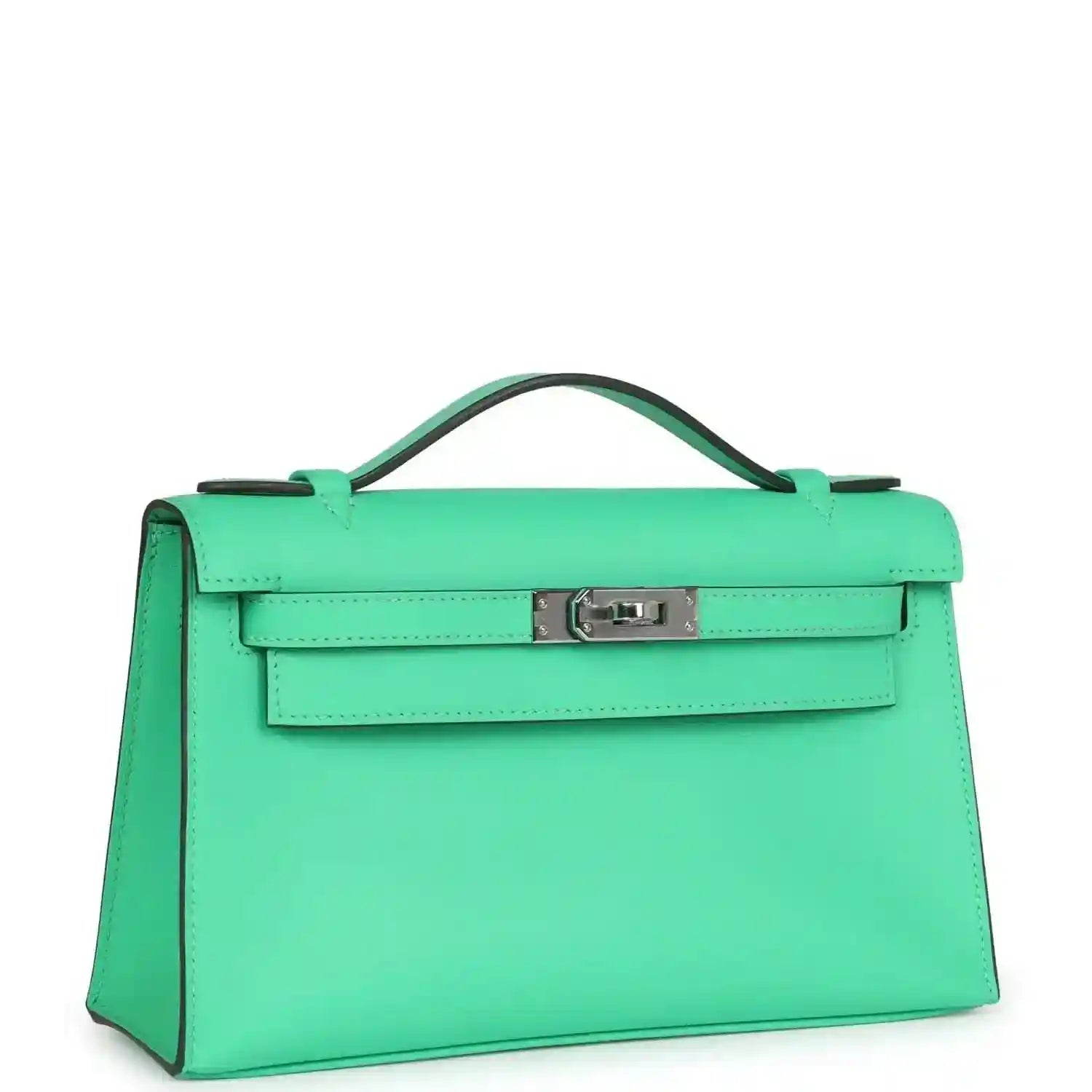Hermes Kelly pochette green leather with front flap, top handle, and palladium clasp