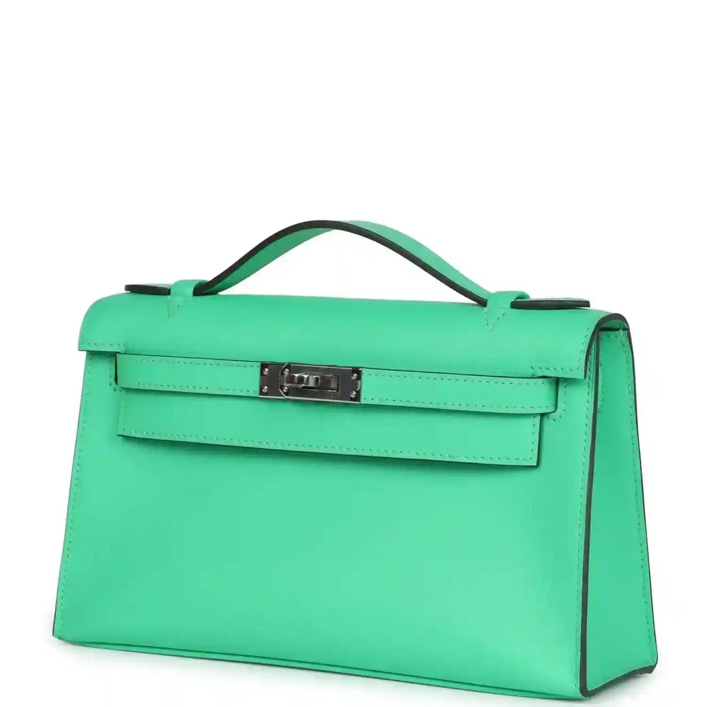 Hermes Kelly pochette green leather with top handle and front clasp, side view