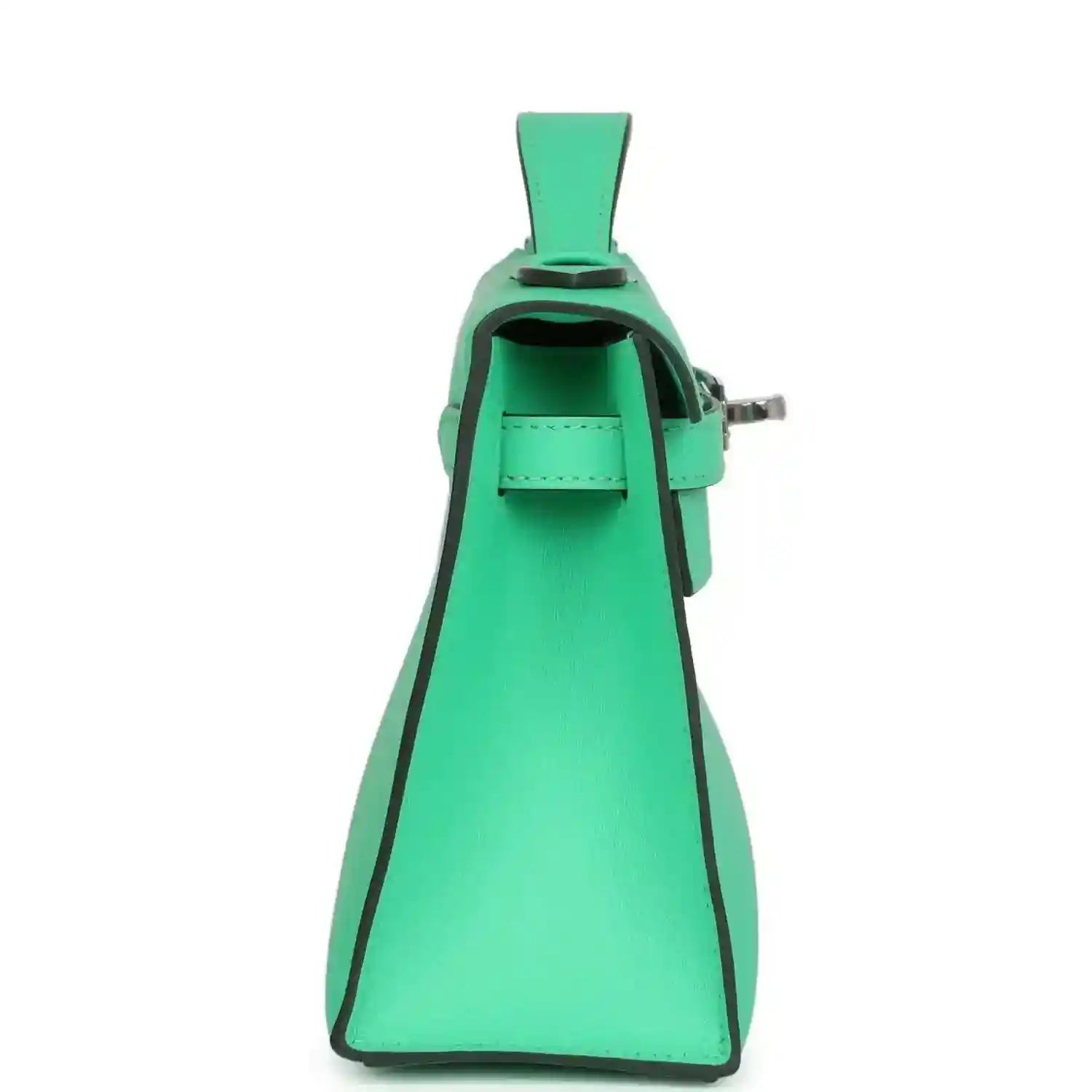 Hermes Kelly pochette green leather, open top with interior lining and side strap