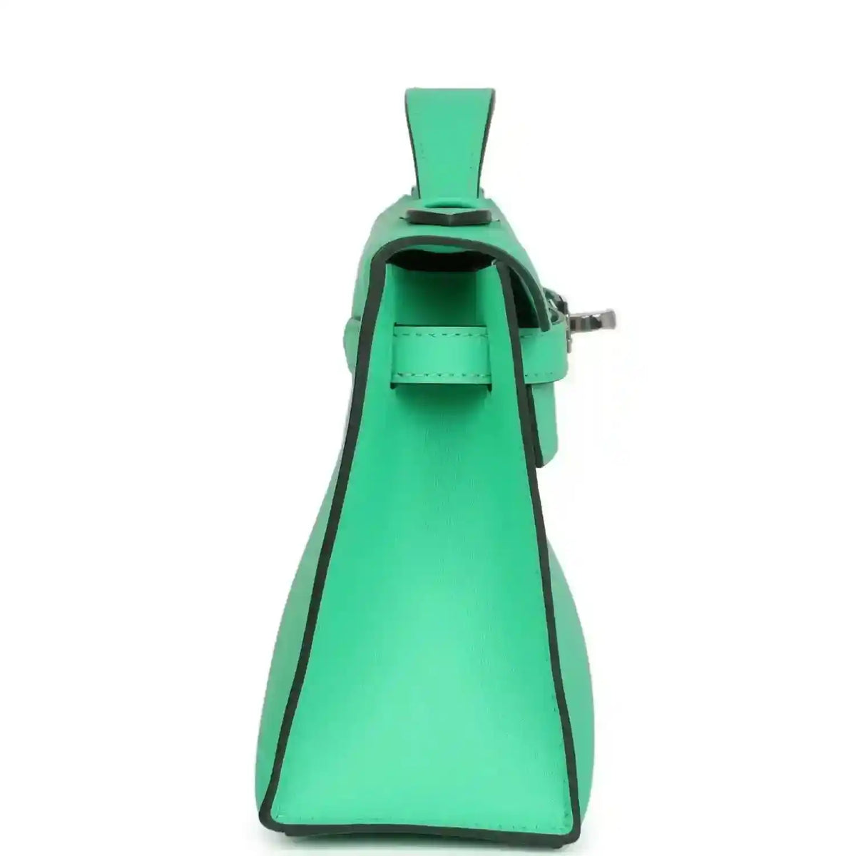 Hermes Kelly pochette green leather, open top with interior lining and side strap