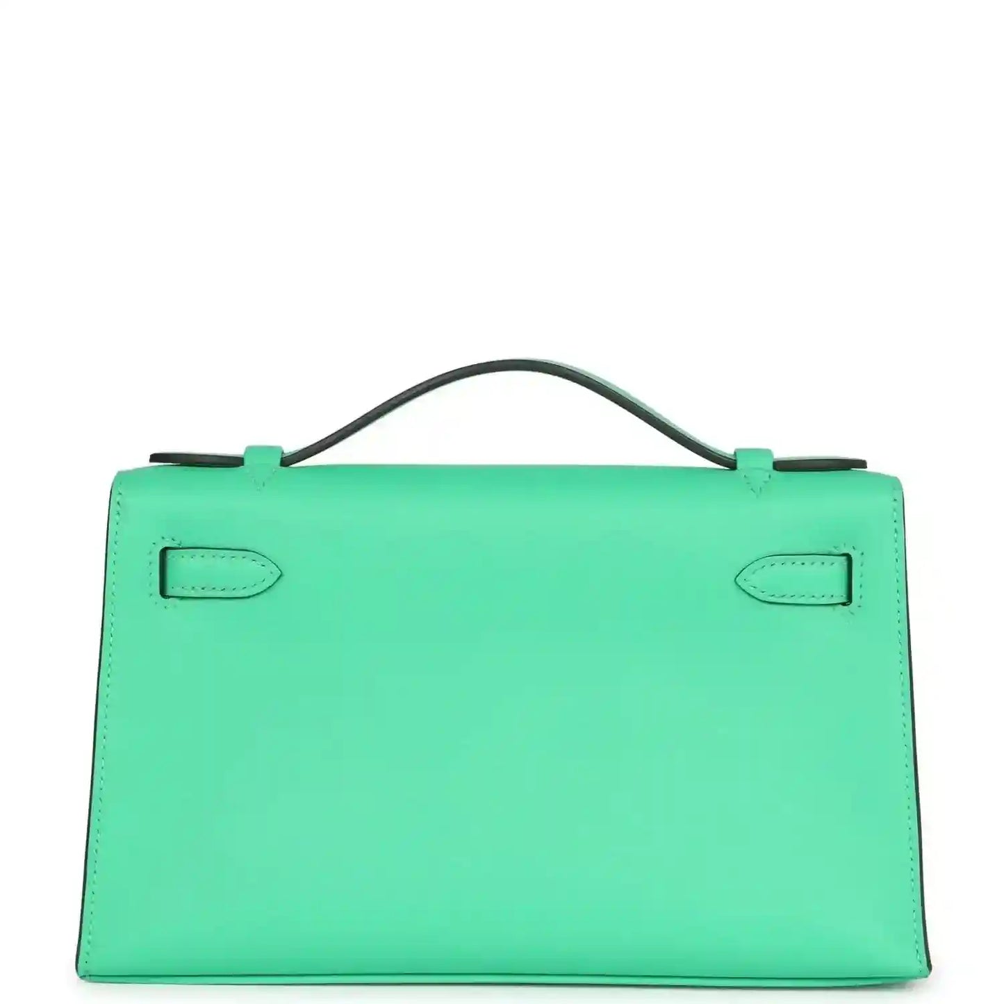 Hermes Kelly pochette green leather, back flap with stitched corner details