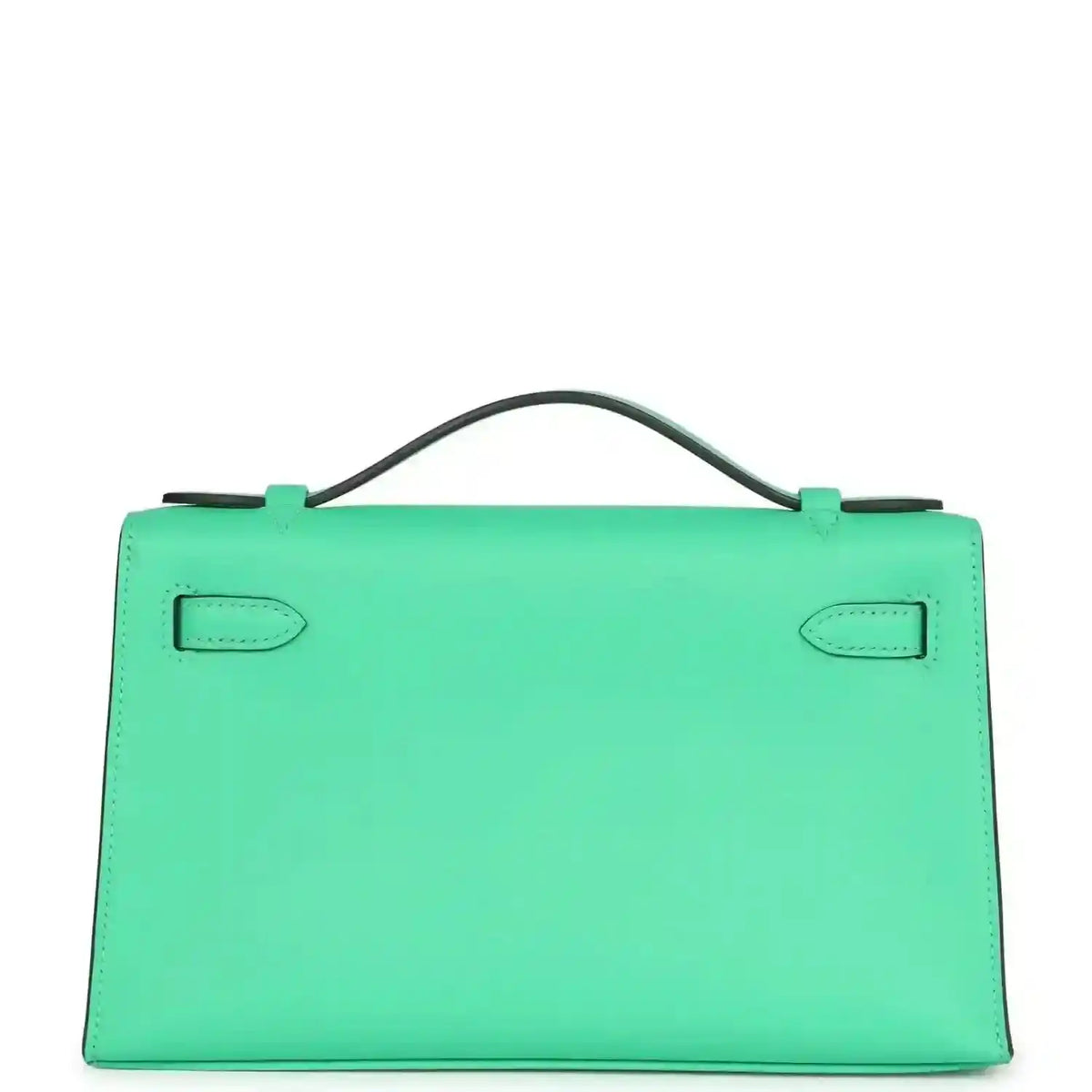 Hermes Kelly pochette green leather, back flap with stitched corner details